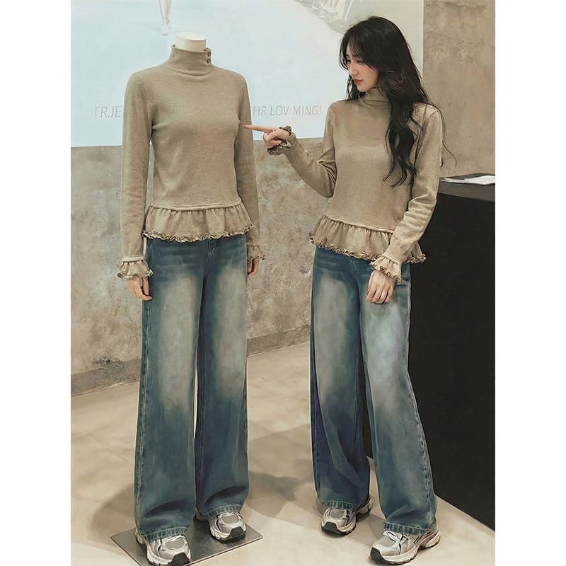 경관 그림 280 그램 양이온 De 플러시 봄 가을 긴팔 티셔츠 기본 셔츠 여성 의류 목이버섯 레이스 터틀넥 맨위 이미지 4