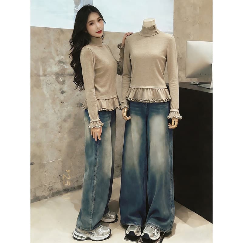 경관 그림 280 그램 양이온 De 플러시 봄 가을 긴팔 티셔츠 기본 셔츠 여성 의류 목이버섯 레이스 터틀넥 맨위 상세 이미지 3