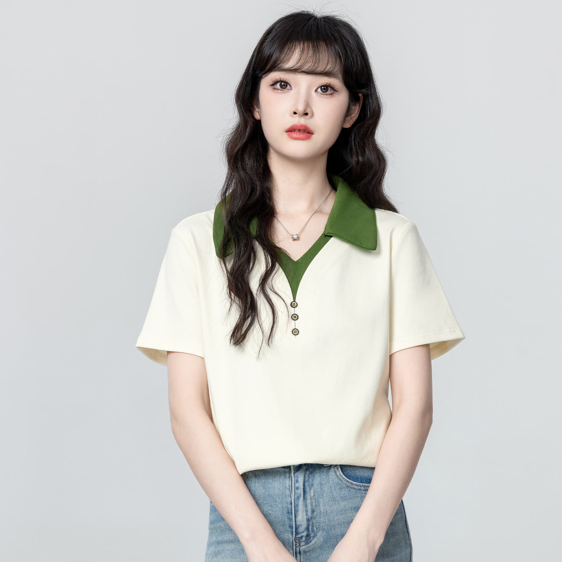 경관 그림 순면 리브 반팔 티셔츠 여성 여름 새로운 배색 페이크 레이어드 단추 루즈핏 polo 맨위 이미지 3