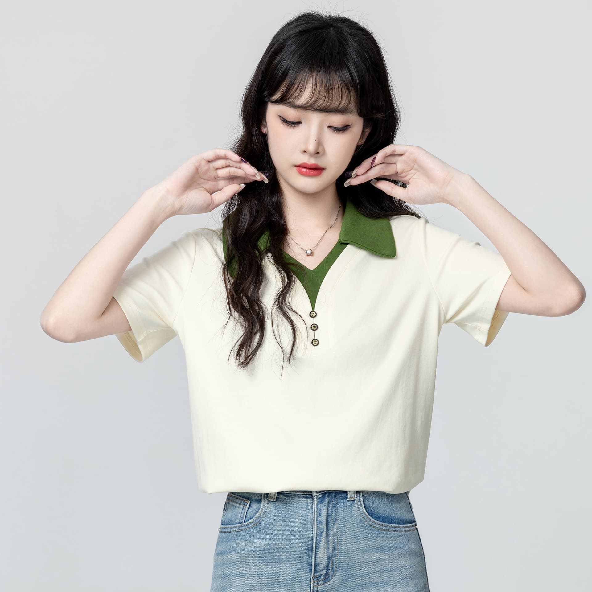 경관 그림 순면 리브 반팔 티셔츠 여성 여름 새로운 배색 페이크 레이어드 단추 루즈핏 polo 맨위 이미지 2