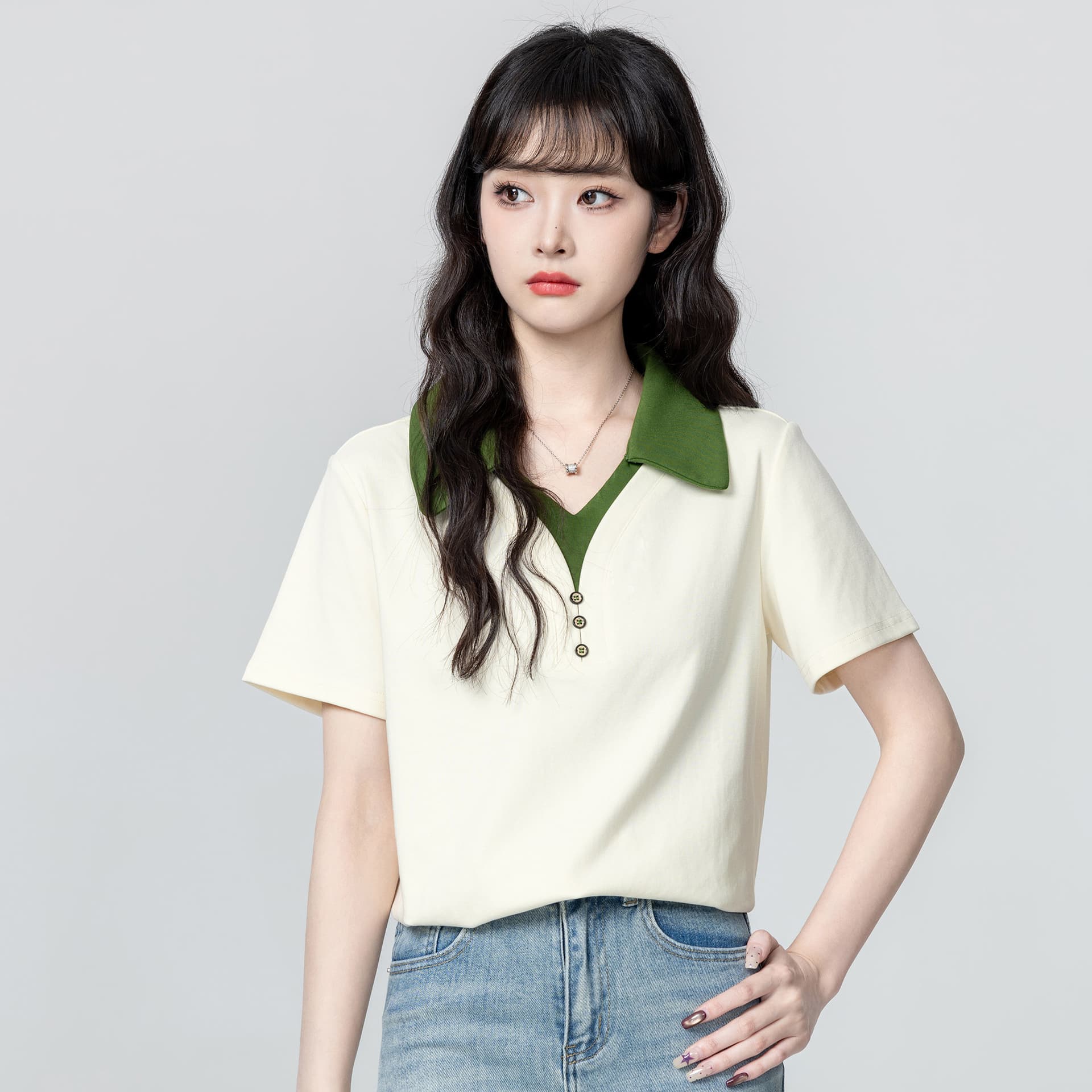 경관 그림 순면 리브 반팔 티셔츠 여성 여름 새로운 배색 페이크 레이어드 단추 루즈핏 polo 맨위