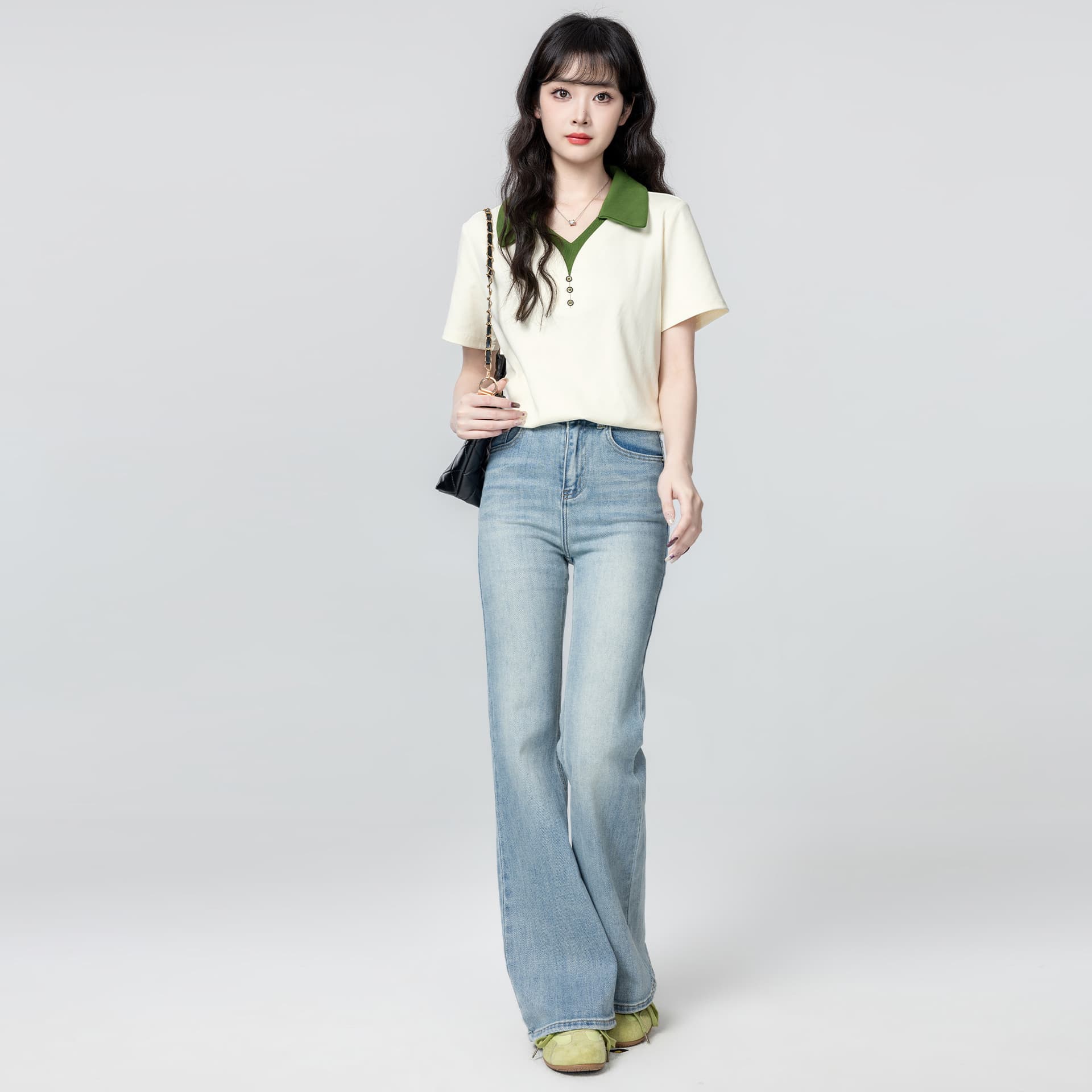 경관 그림 순면 리브 반팔 티셔츠 여성 여름 새로운 배색 페이크 레이어드 단추 루즈핏 polo 맨위 상세 이미지 6