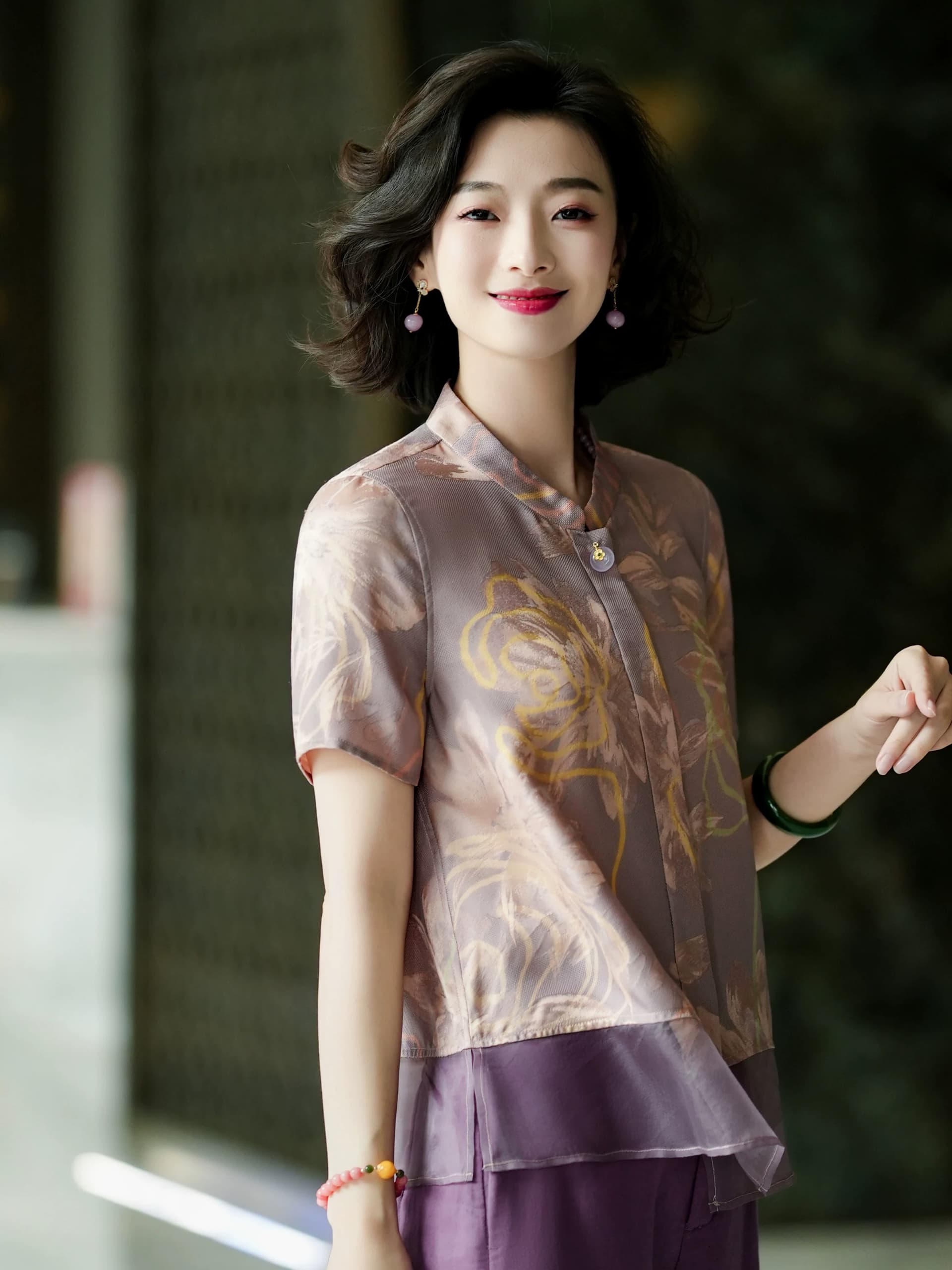 시지 주간 향기로운 염색 무거운 뽕나무 누에 실크 유럽 오간자 꽃 루오 링 곡물 어두운 꽃 프린트 셔츠 상세 이미지 7