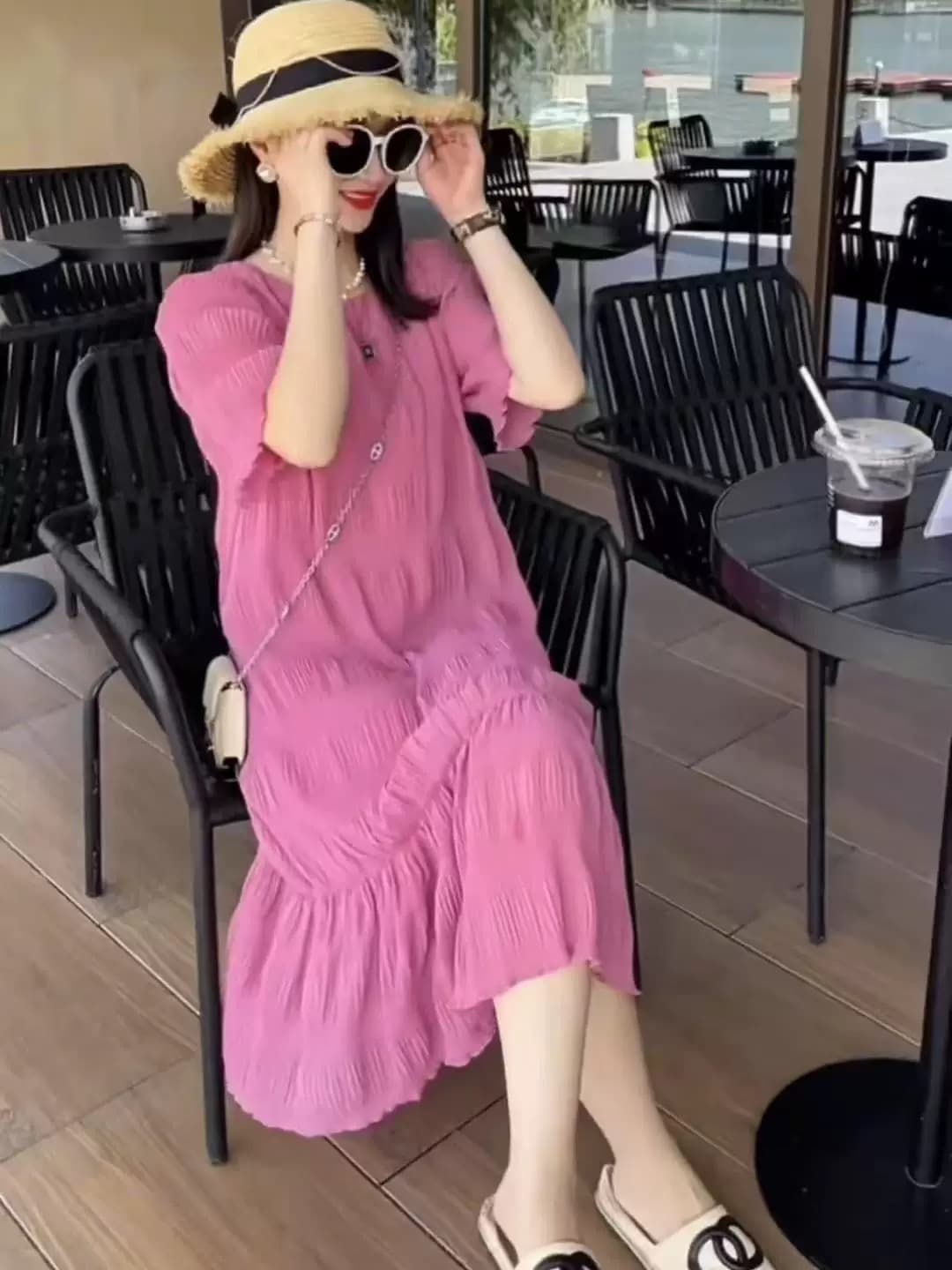 빅 사이즈 지방 mm 프랑스식 품격 여성 드레스 여름 새로운 허리 수축 연령 감소 슬림해 보이는 표지 배 플리츠 차 휴식 치마 상세 이미지 8