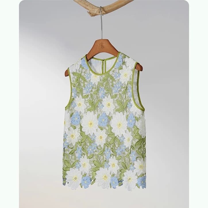꽃의 요정 뽕나무 누에 실크 꽃 홀로우 아웃 자수 조끼 여성 슬림해 보이는 만나는 맨위 상세 이미지 8