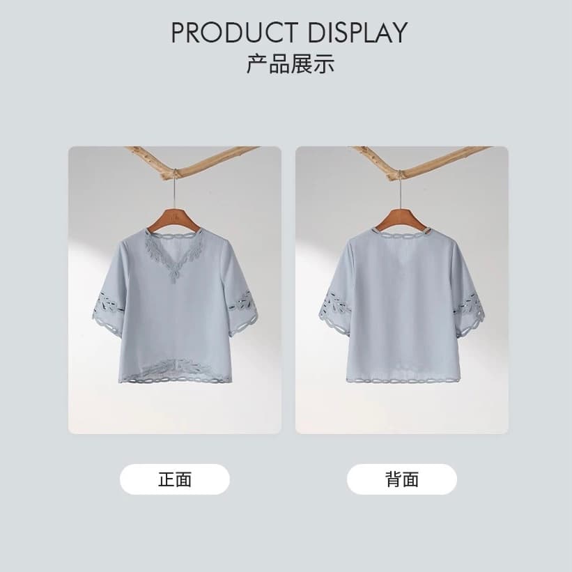 산소 소녀 아마 블루 좋은 주간 실크 품격 무거운 작업 홀로우 아웃 자수 티셔츠 여성 상세 이미지 3