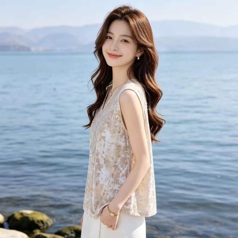 항저우 고급 실크 셔츠 단색 조끼 여성 스팽글 레이스 섹시함 민소매 기본 셔츠 얇은 뽕나무 누에 실크 맨위 이미지 4
