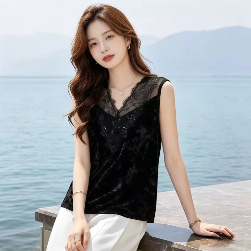항저우 고급 실크 셔츠 단색 조끼 여성 스팽글 레이스 섹시함 민소매 기본 셔츠 얇은 뽕나무 누에 실크 맨위 이미지 3