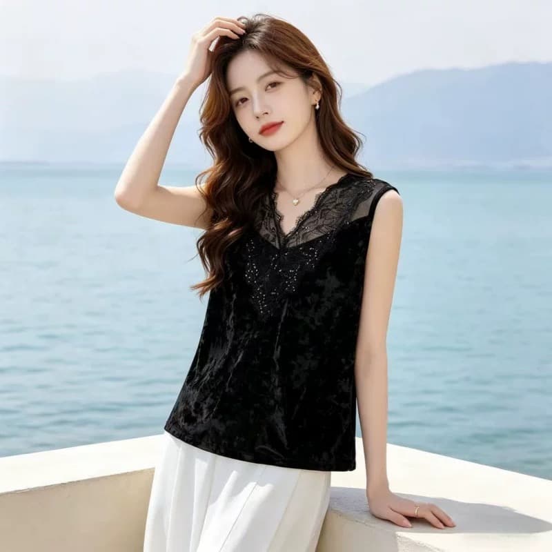 항저우 고급 실크 셔츠 단색 조끼 여성 스팽글 레이스 섹시함 민소매 기본 셔츠 얇은 뽕나무 누에 실크 맨위 상세 이미지 2