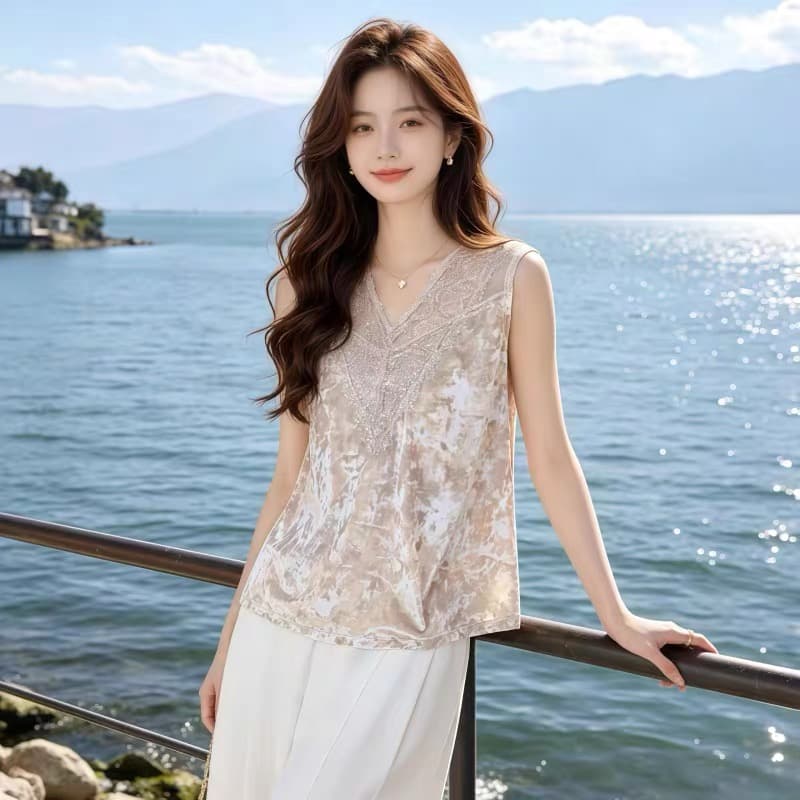 항저우 고급 실크 셔츠 단색 조끼 여성 스팽글 레이스 섹시함 민소매 기본 셔츠 얇은 뽕나무 누에 실크 맨위 상세 이미지 7
