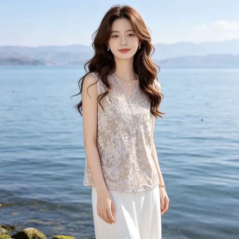 항저우 고급 실크 셔츠 단색 조끼 여성 스팽글 레이스 섹시함 민소매 기본 셔츠 얇은 뽕나무 누에 실크 맨위 상세 이미지 8