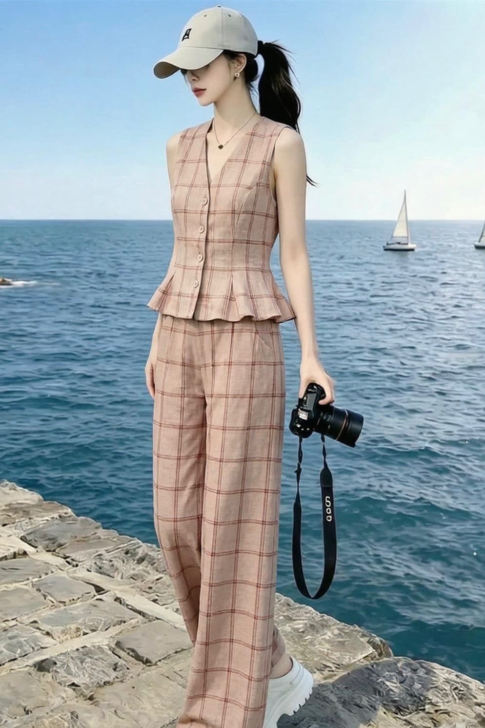오래된 돈 바람 레트로 체크무늬 민소매 베스트 와이드 레그 팬츠 세트 여성 여름 연령 감소 거리 바람 품격 착용 가져 가라. 세트 이미지 7