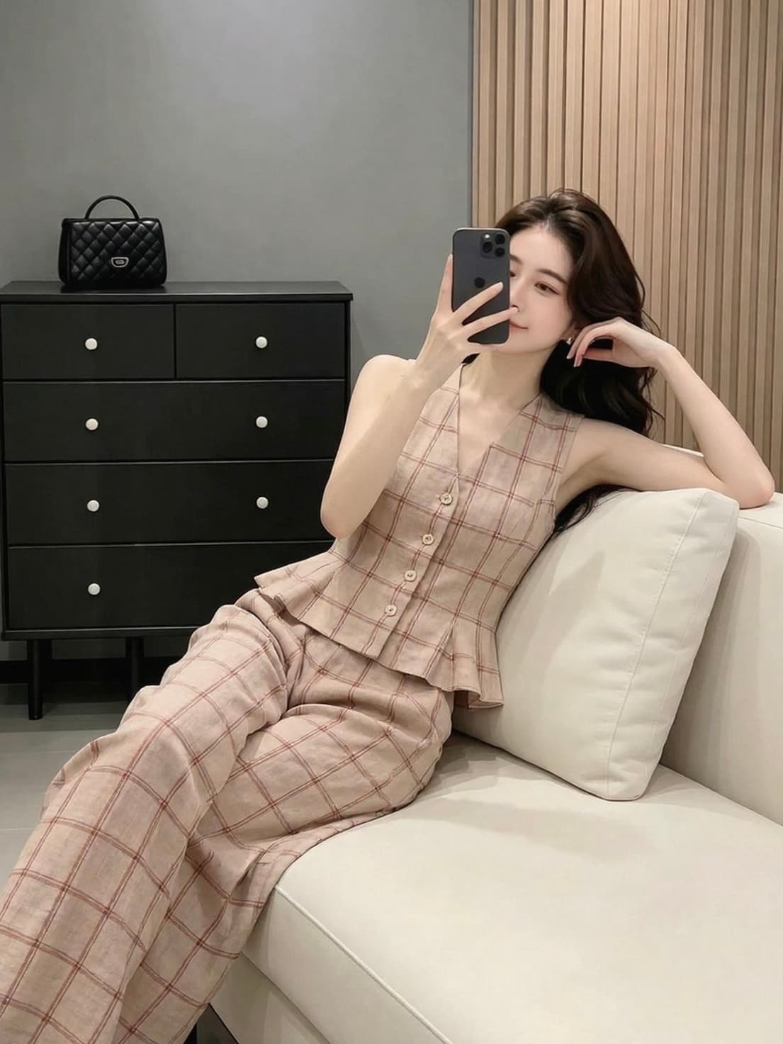 오래된 돈 바람 레트로 체크무늬 민소매 베스트 와이드 레그 팬츠 세트 여성 여름 연령 감소 거리 바람 품격 착용 가져 가라. 세트 상세 이미지 1