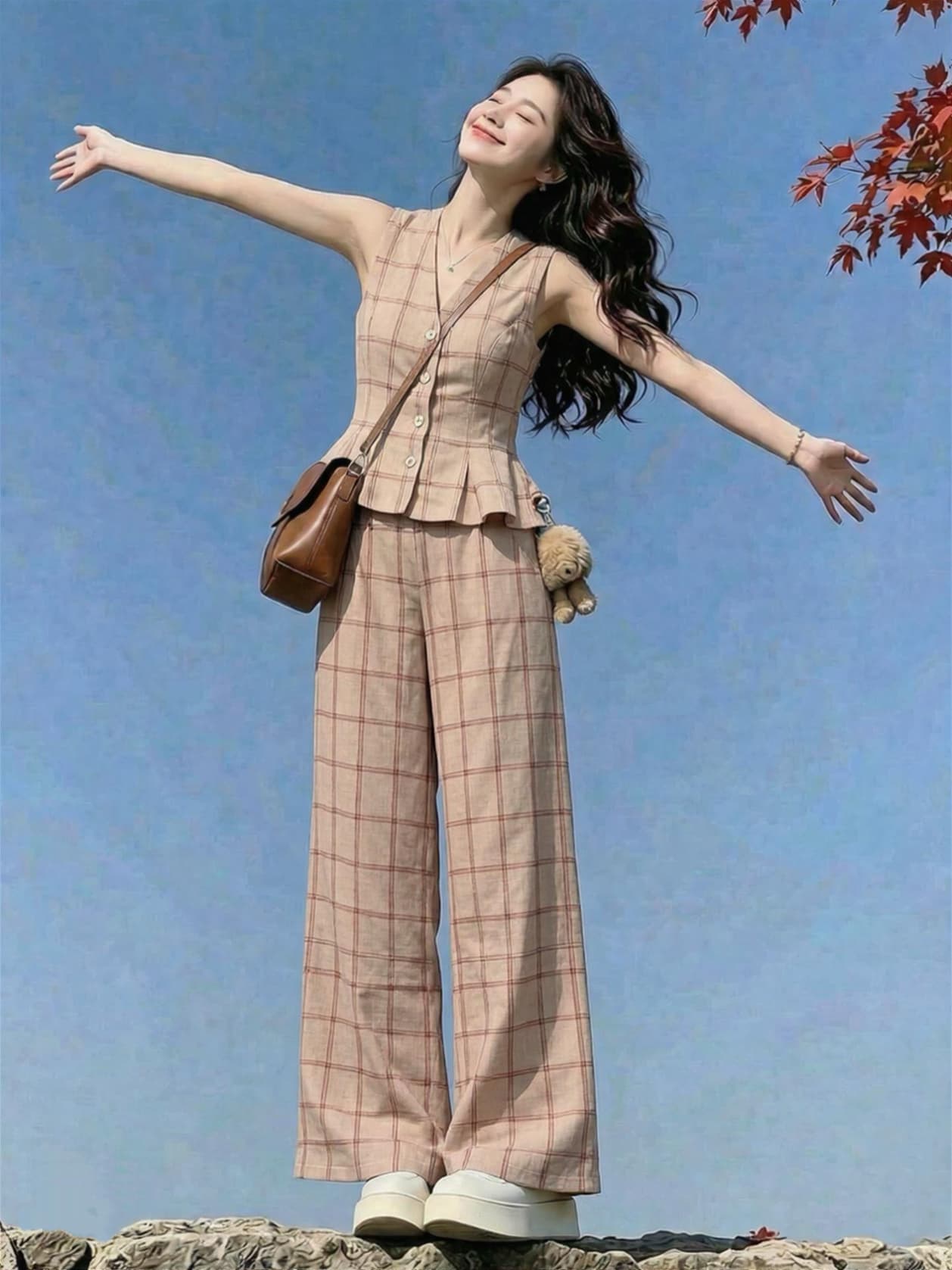 오래된 돈 바람 레트로 체크무늬 민소매 베스트 와이드 레그 팬츠 세트 여성 여름 연령 감소 거리 바람 품격 착용 가져 가라. 세트 상세 이미지 4