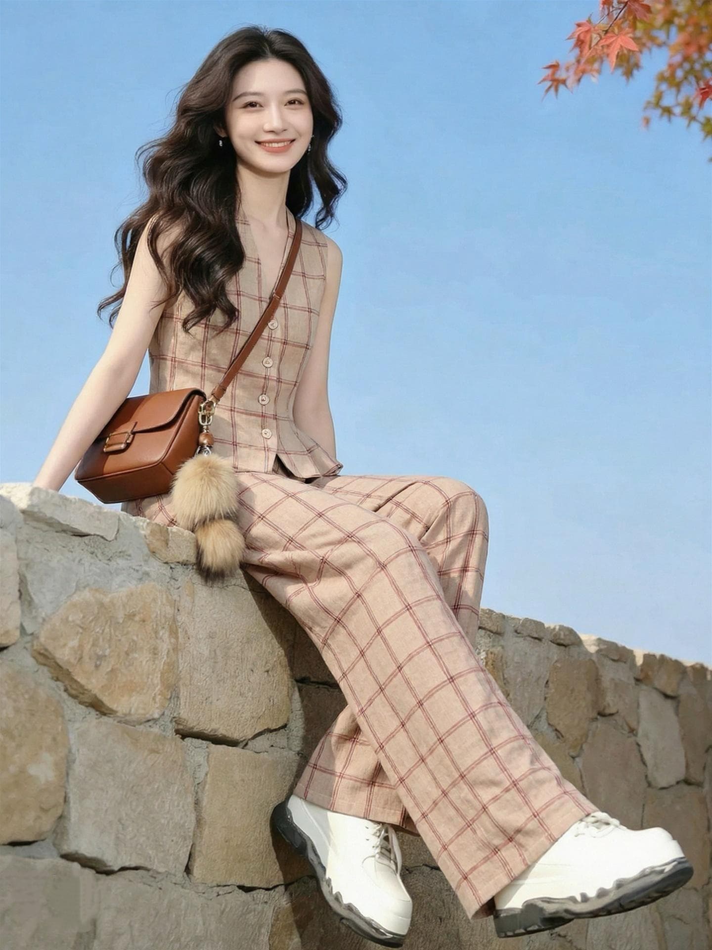 오래된 돈 바람 레트로 체크무늬 민소매 베스트 와이드 레그 팬츠 세트 여성 여름 연령 감소 거리 바람 품격 착용 가져 가라. 세트 상세 이미지 7
