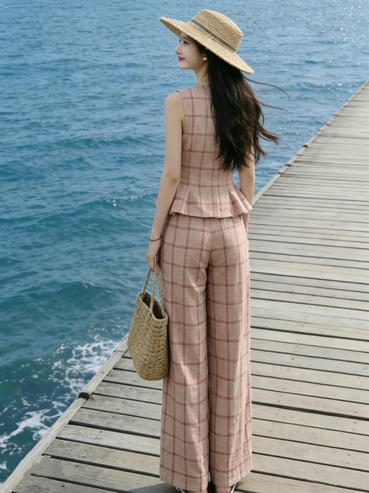 오래된 돈 바람 레트로 체크무늬 민소매 베스트 와이드 레그 팬츠 세트 여성 여름 연령 감소 거리 바람 품격 착용 가져 가라. 세트 상세 이미지 9