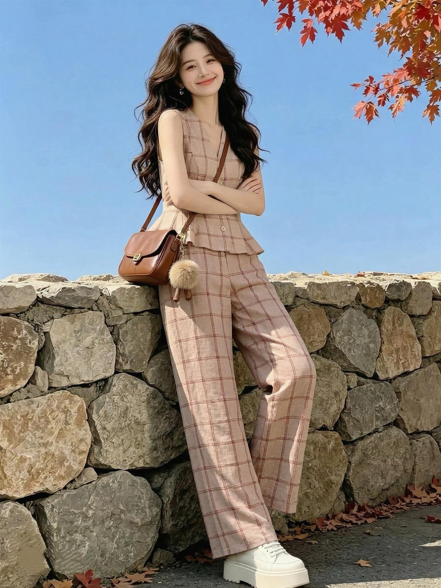 오래된 돈 바람 레트로 체크무늬 민소매 베스트 와이드 레그 팬츠 세트 여성 여름 연령 감소 거리 바람 품격 착용 가져 가라. 세트 상세 이미지 11