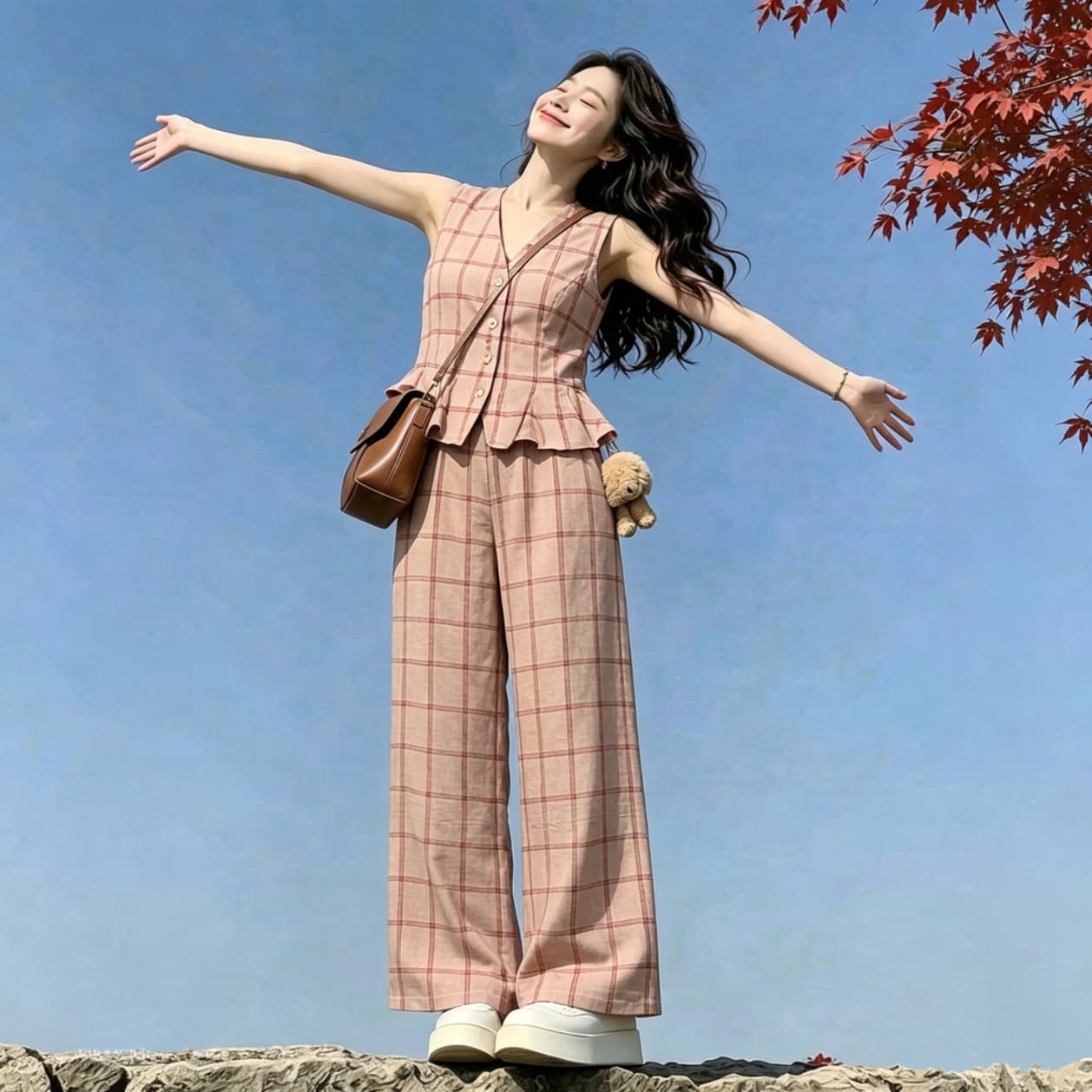 오래된 돈 바람 레트로 체크무늬 민소매 베스트 와이드 레그 팬츠 세트 여성 여름 연령 감소 거리 바람 품격 착용 가져 가라. 세트 상세 이미지 12