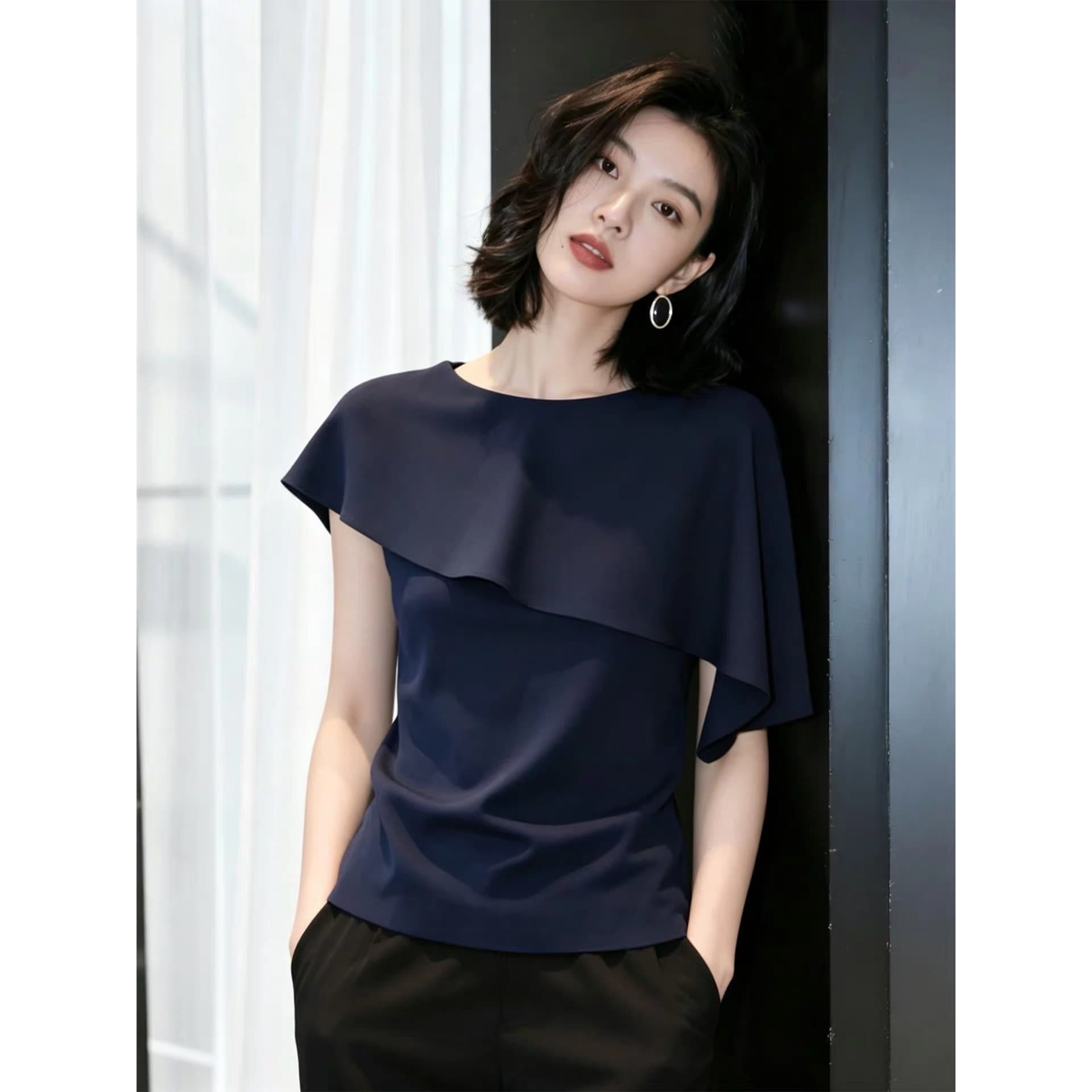 프랑스식 디자인 센스 빛 요리 한 바람 진한 파란색 프릴 라운드 넥 여성 셔츠 여름 고급 센스 몸매 가꾸기 슬림해 보이는 맨위 이미지 2
