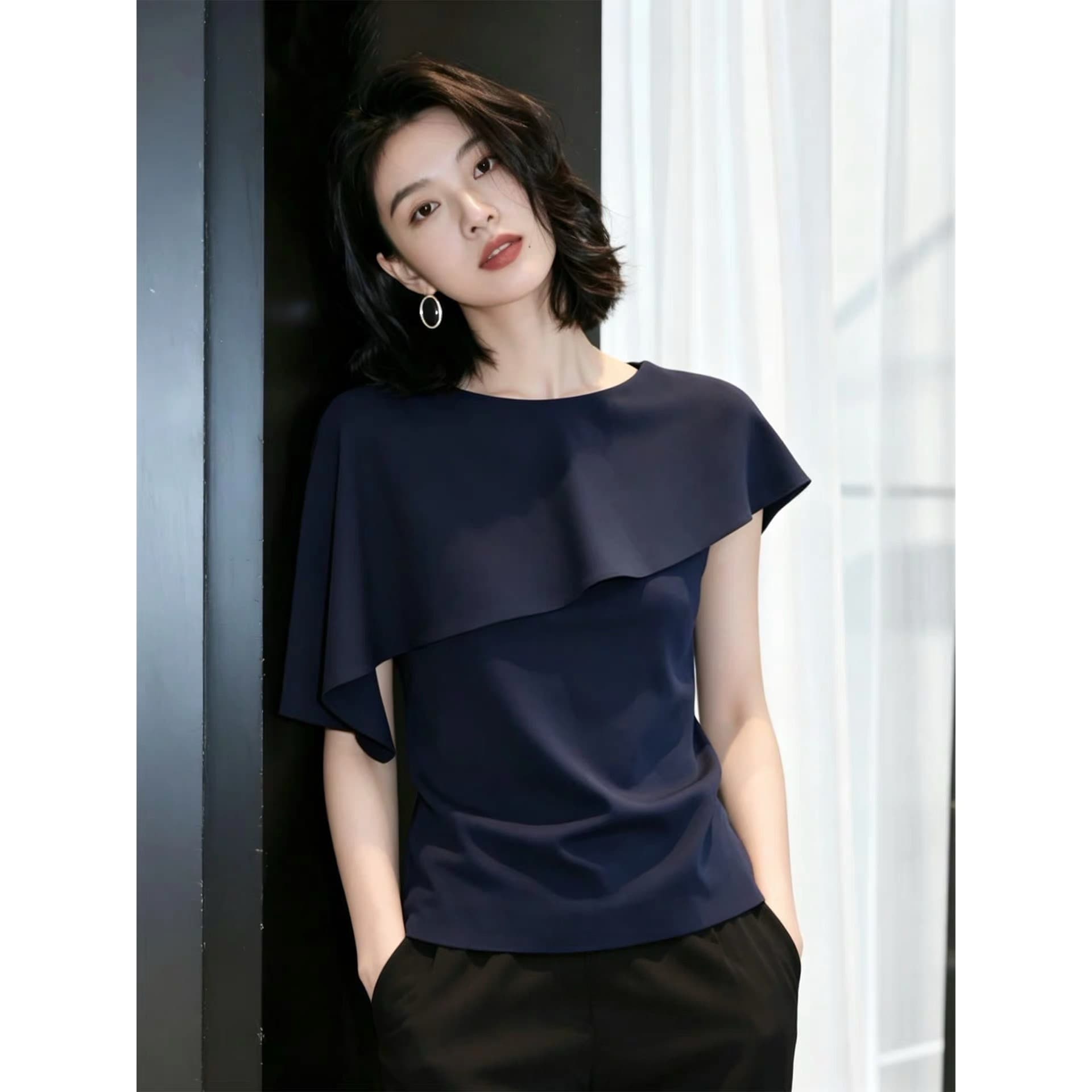 프랑스식 디자인 센스 빛 요리 한 바람 진한 파란색 프릴 라운드 넥 여성 셔츠 여름 고급 센스 몸매 가꾸기 슬림해 보이는 맨위 이미지 6