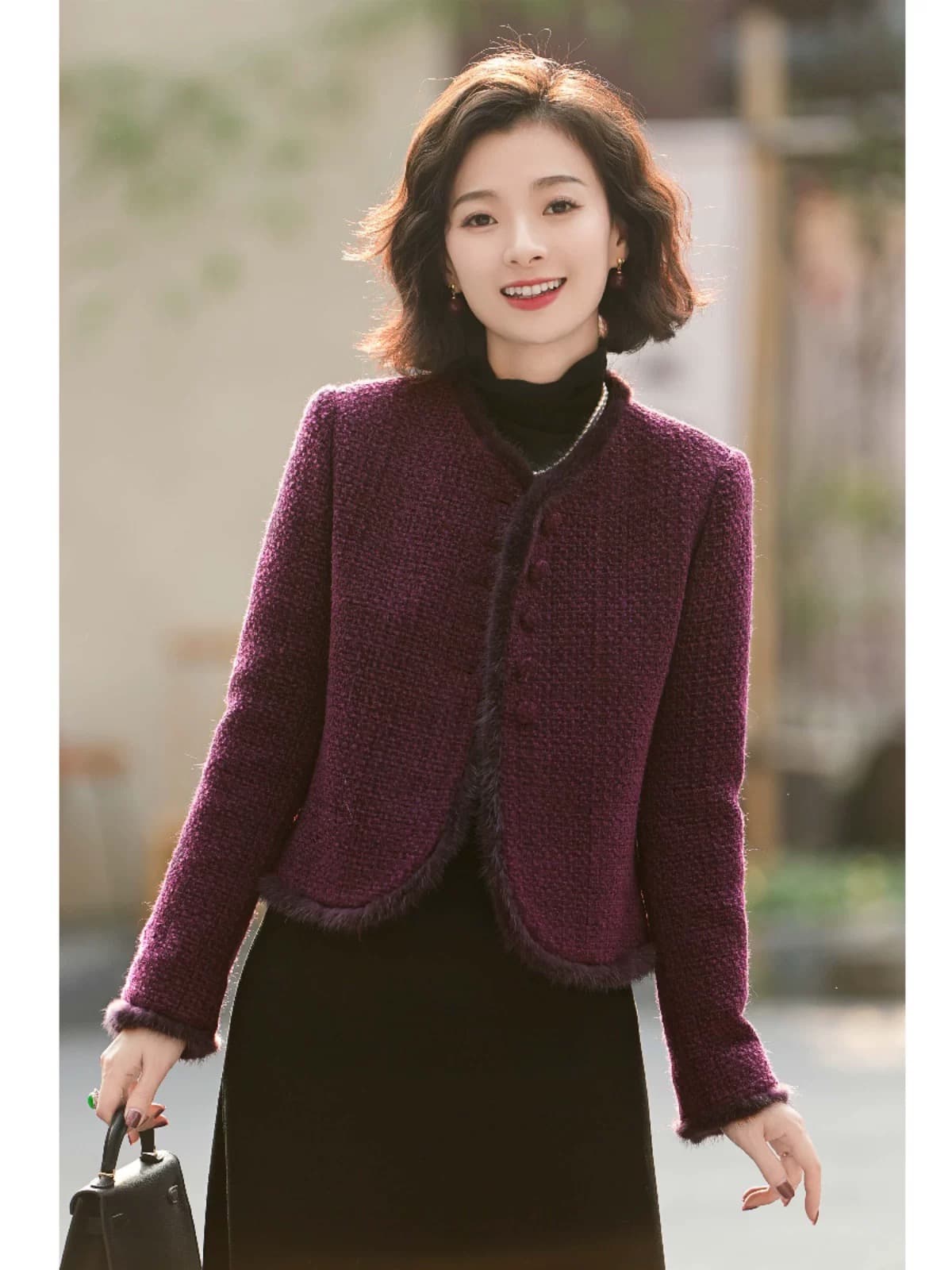 시지 제직 얀 후아 양모 혼방 수달 털 프랑스식 작은 샤넬 스타일 니트 재킷 이미지 2