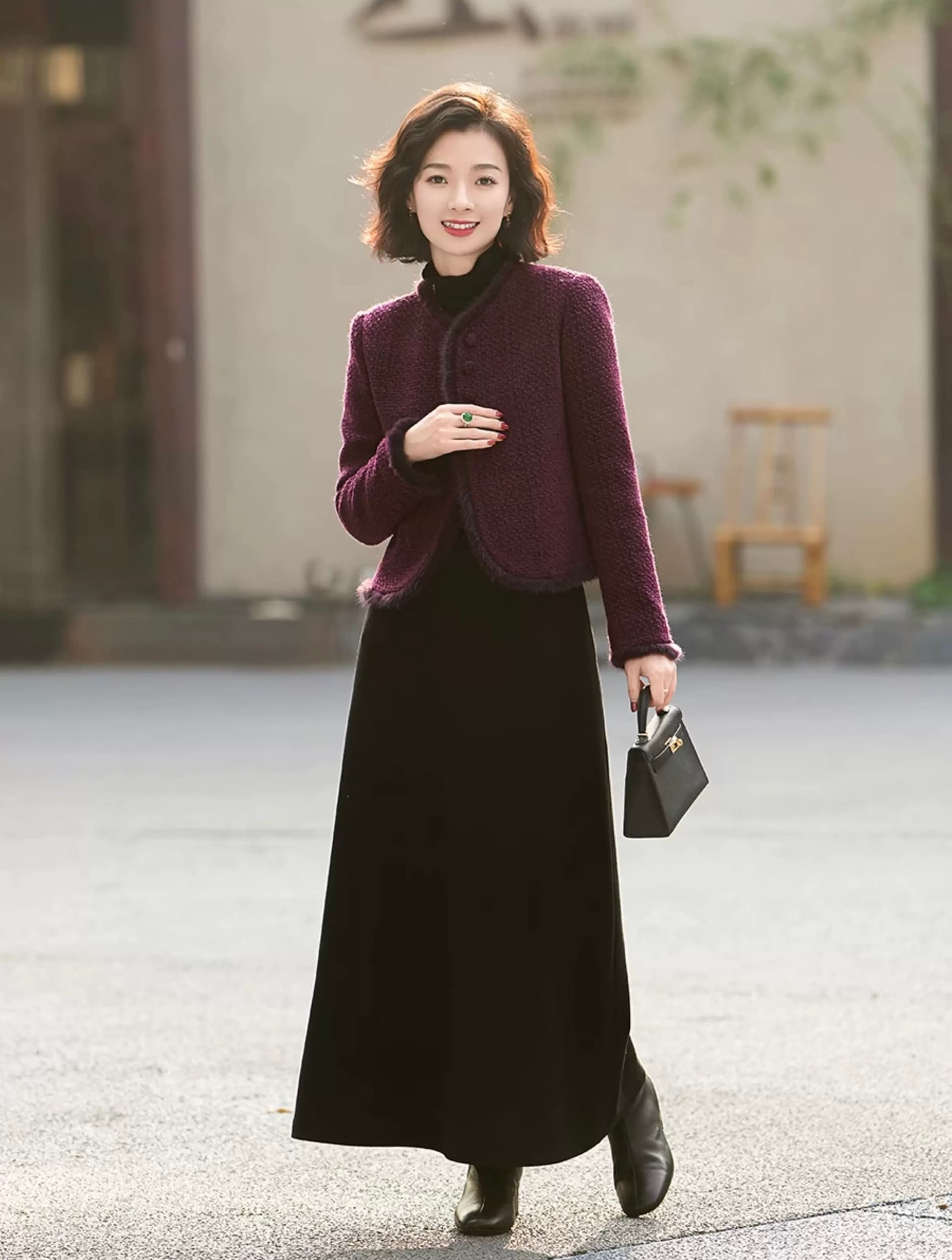 시지 제직 얀 후아 양모 혼방 수달 털 프랑스식 작은 샤넬 스타일 니트 재킷 상세 이미지 4