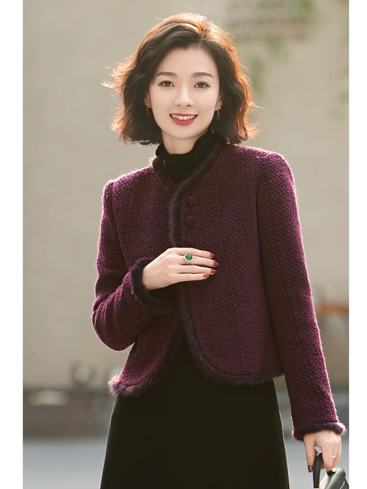 시지 제직 얀 후아 양모 혼방 수달 털 프랑스식 작은 샤넬 스타일 니트 재킷 상세 이미지 9