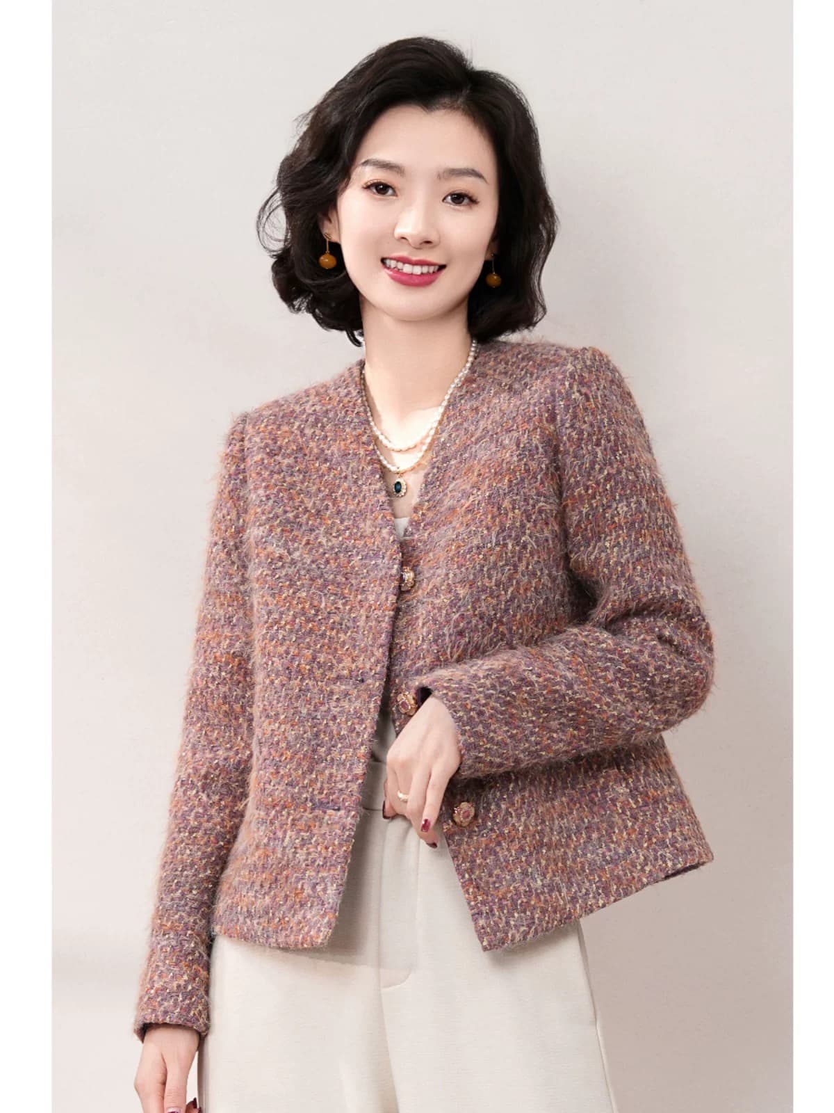 인어 공주 양모 고급 빗질된 면 V넥 두꺼운 꽃 다용도 슬림해 보이는 작은 샤넬 스타일 재킷 이미지 2