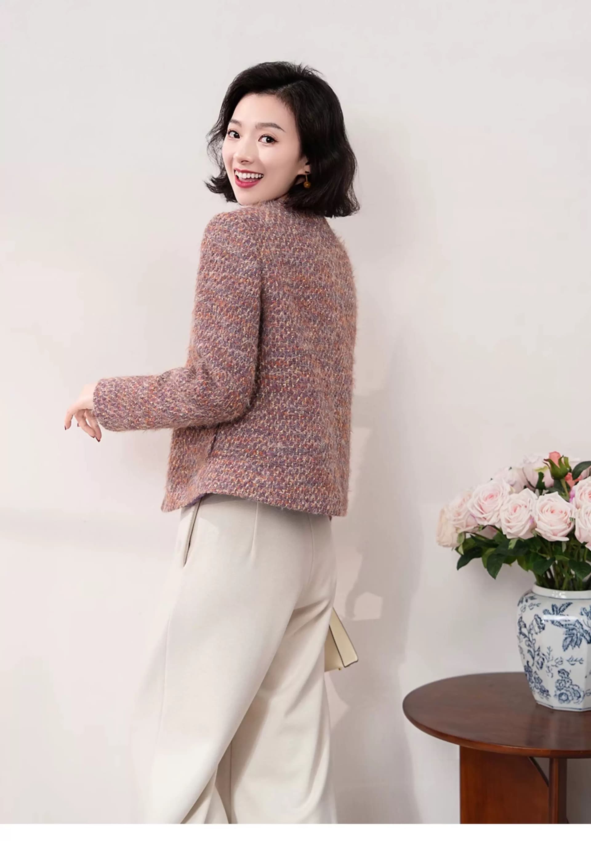 인어 공주 양모 고급 빗질된 면 V넥 두꺼운 꽃 다용도 슬림해 보이는 작은 샤넬 스타일 재킷 상세 이미지 7