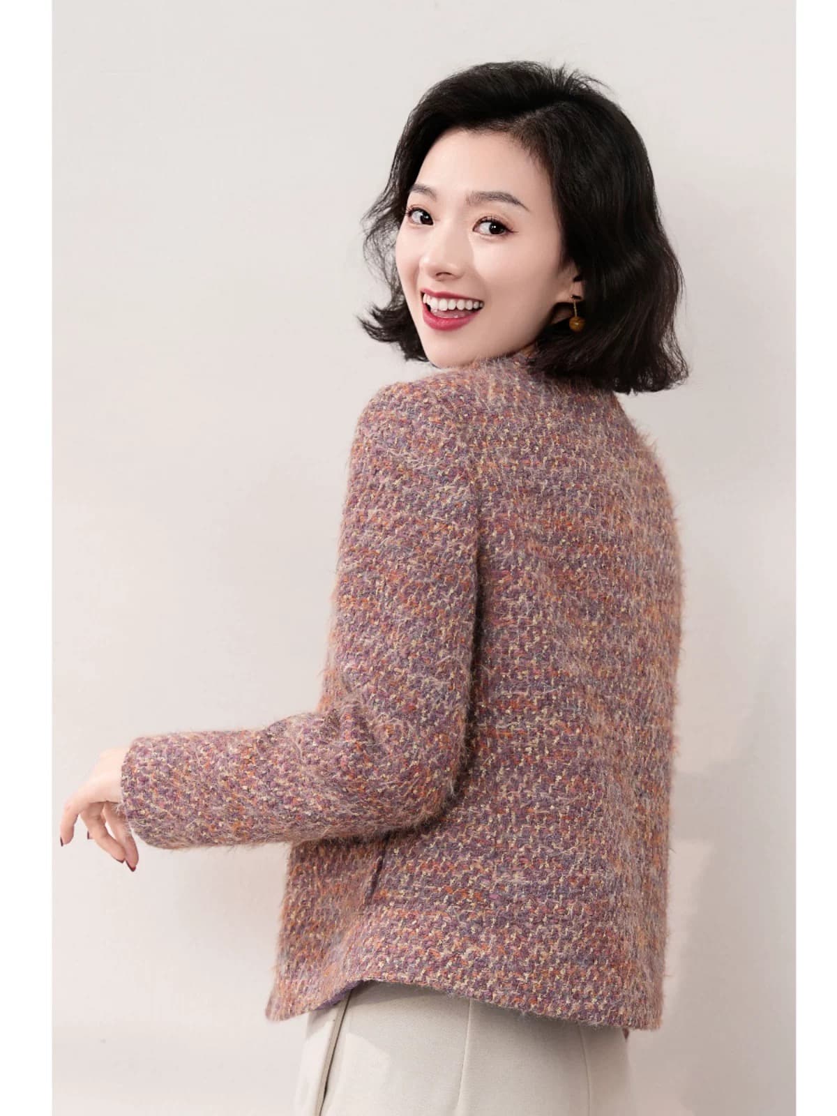 인어 공주 양모 고급 빗질된 면 V넥 두꺼운 꽃 다용도 슬림해 보이는 작은 샤넬 스타일 재킷 상세 이미지 10