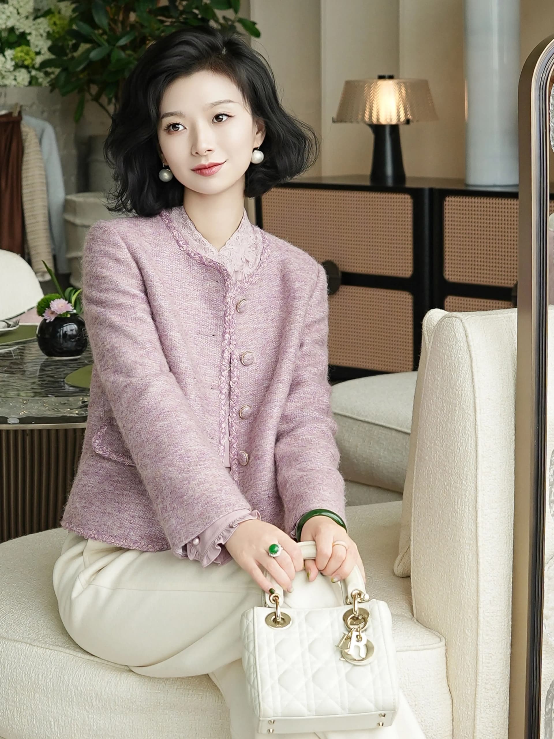 분말 보라색 작은 샤넬 스타일 여성 코트 봄 가을 2025 새로운 가을 겨울 연령 감소 여성 쇼트 스타일 부드러운 찹쌀 트위드 맨위 상세 이미지 10