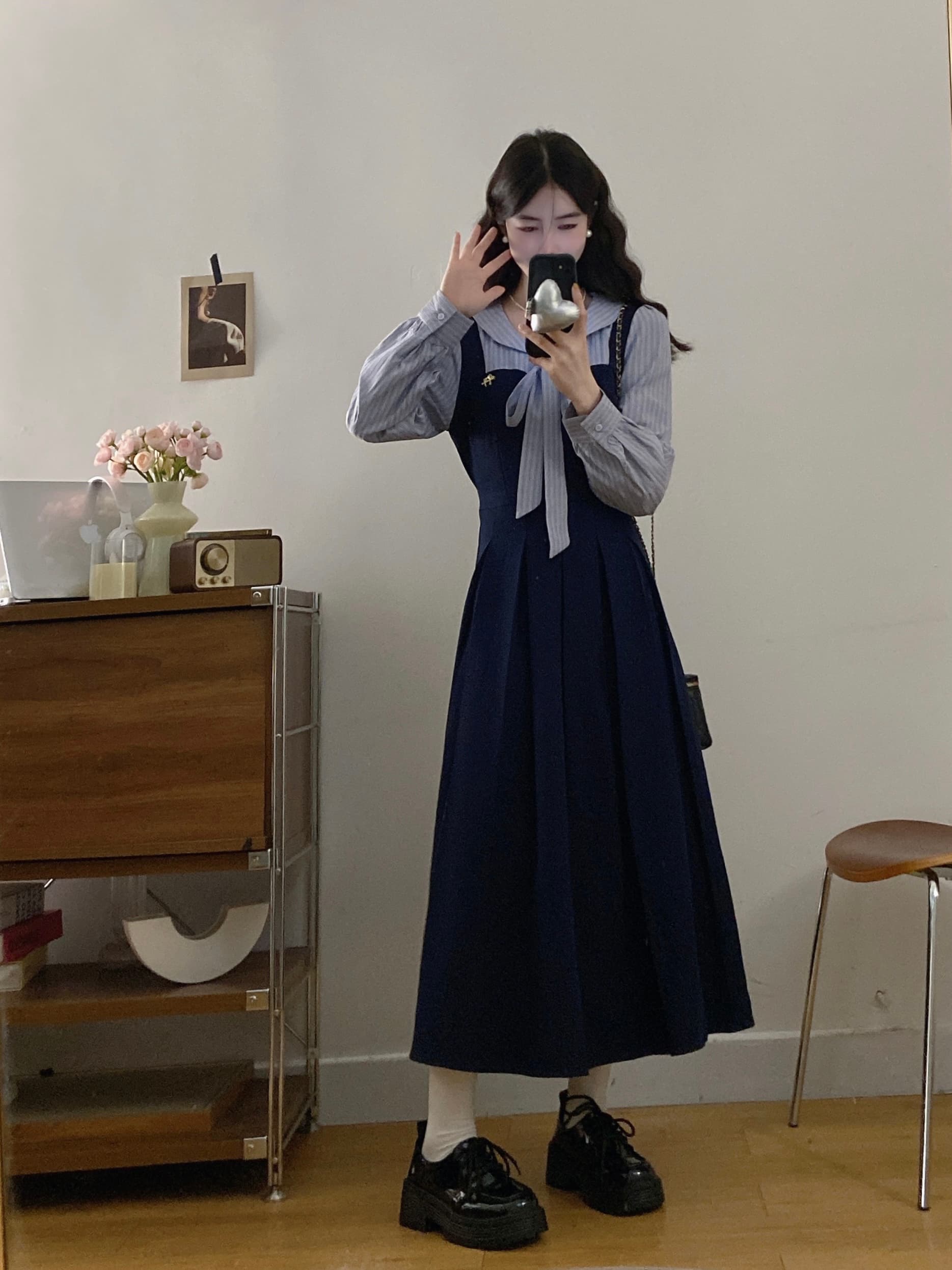 실사 빅 사이즈 여성 의류 2026 봄 새로운 학원 스타일 나비 매듭 페이크 레이어드 드레스 상세 이미지 4
