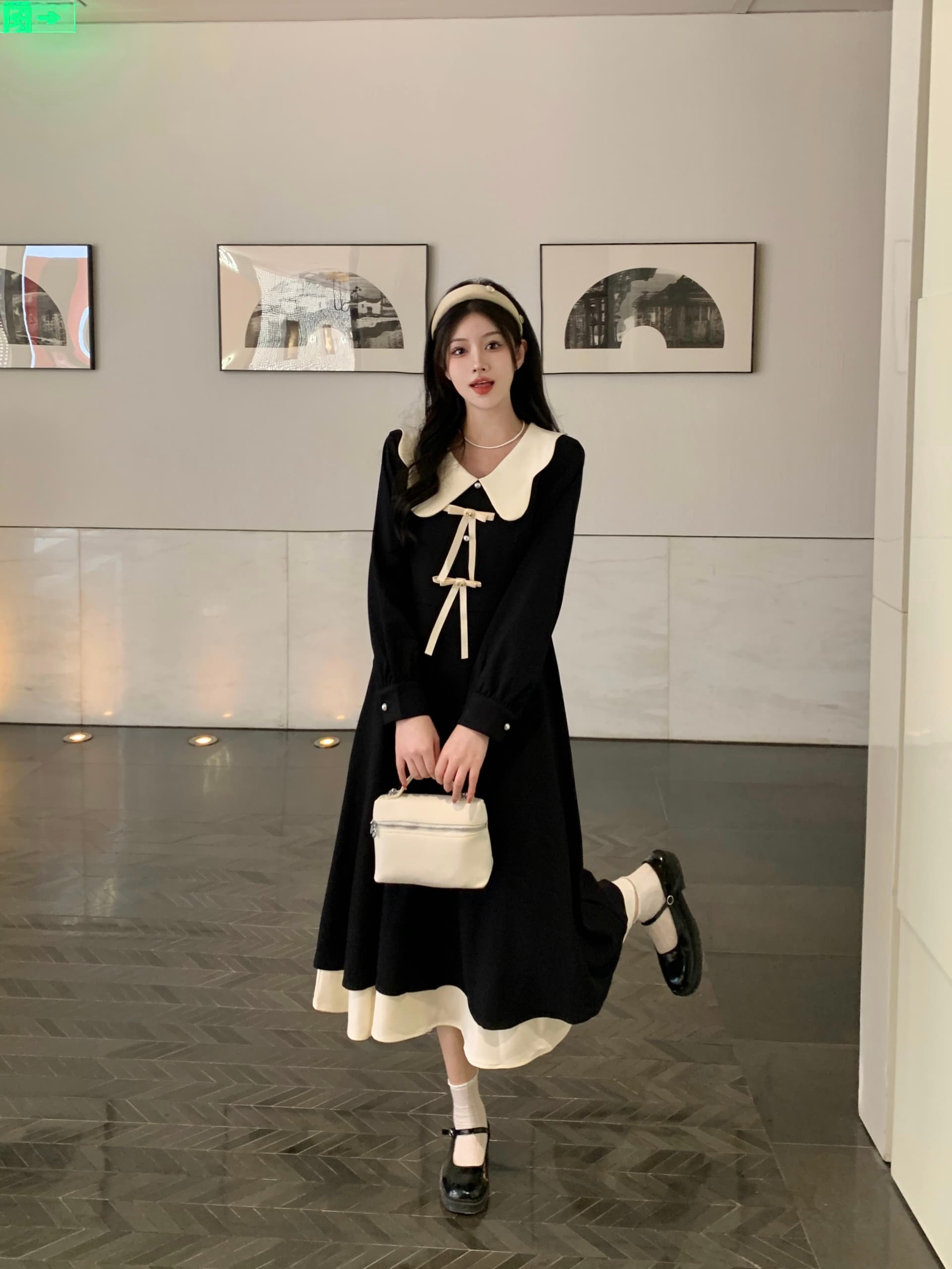 실사 빅 사이즈 여성 의류 2026 봄 새로운 프랑스식 품격 베이비 칼라 표지 고기 슬림해 보이는 긴팔 드레스 상세 이미지 2