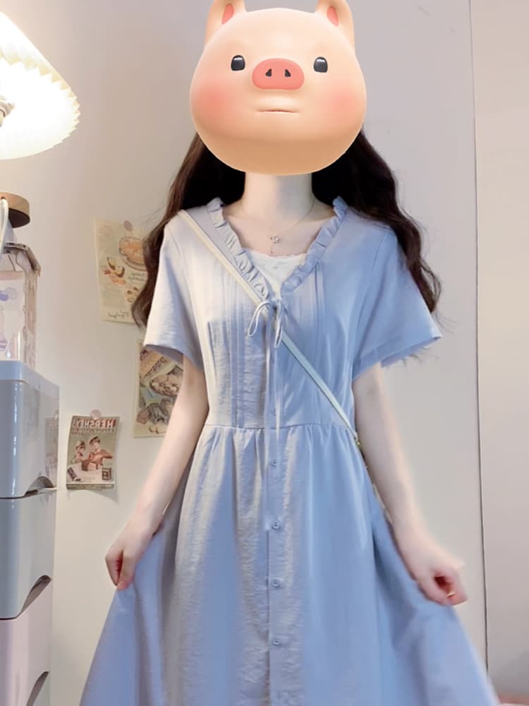 실사 빅 사이즈 여성 의류 2026 여름 새로운 품격 프릴 레이스업 파란색 지방 mm 레이스 드레스 상세 이미지 2