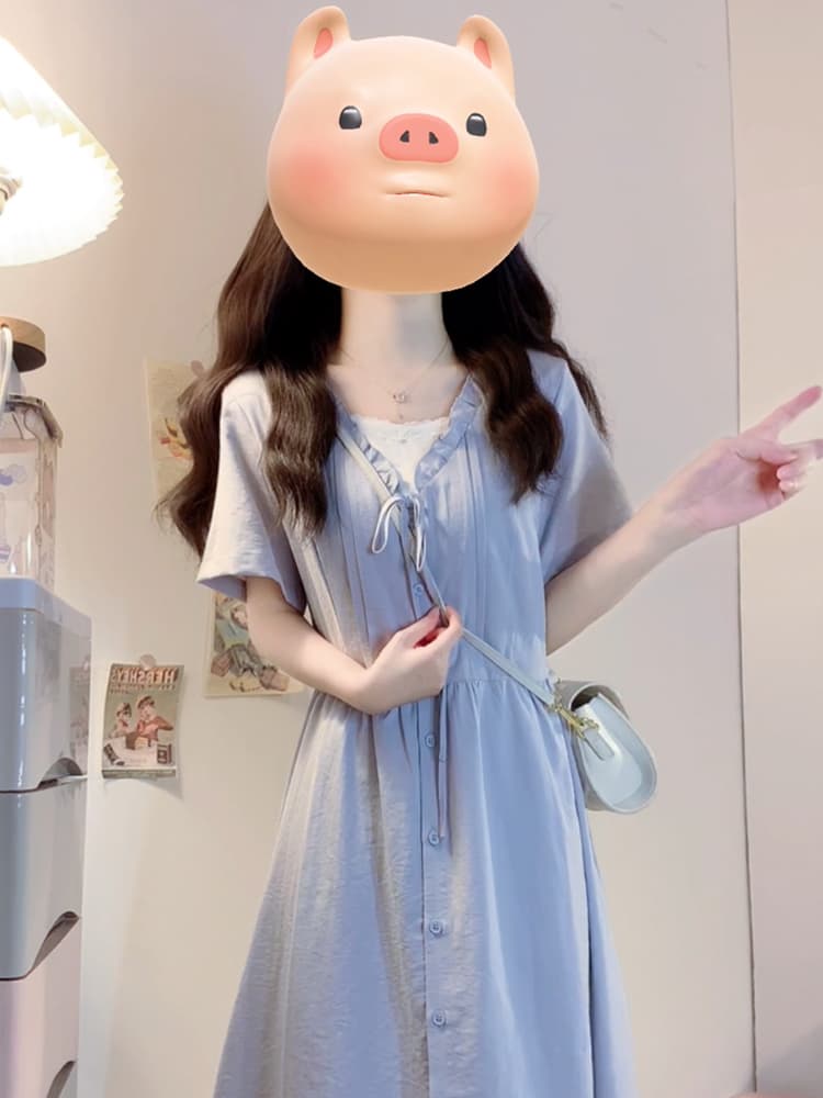 실사 빅 사이즈 여성 의류 2026 여름 새로운 품격 프릴 레이스업 파란색 지방 mm 레이스 드레스 상세 이미지 4