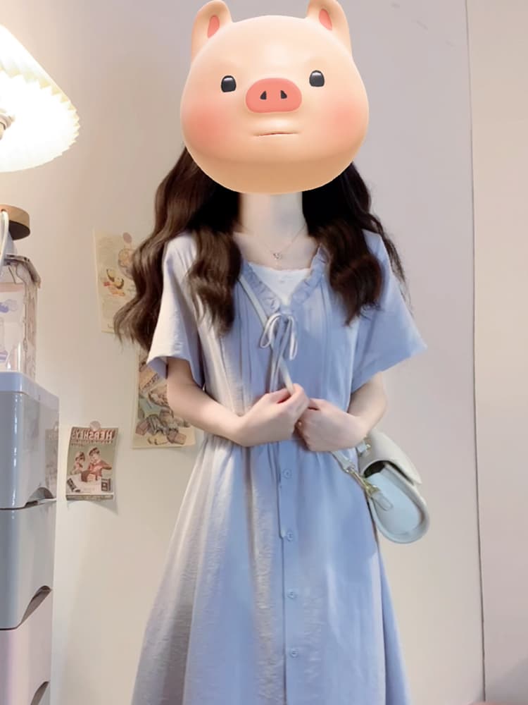 실사 빅 사이즈 여성 의류 2026 여름 새로운 품격 프릴 레이스업 파란색 지방 mm 레이스 드레스 상세 이미지 6