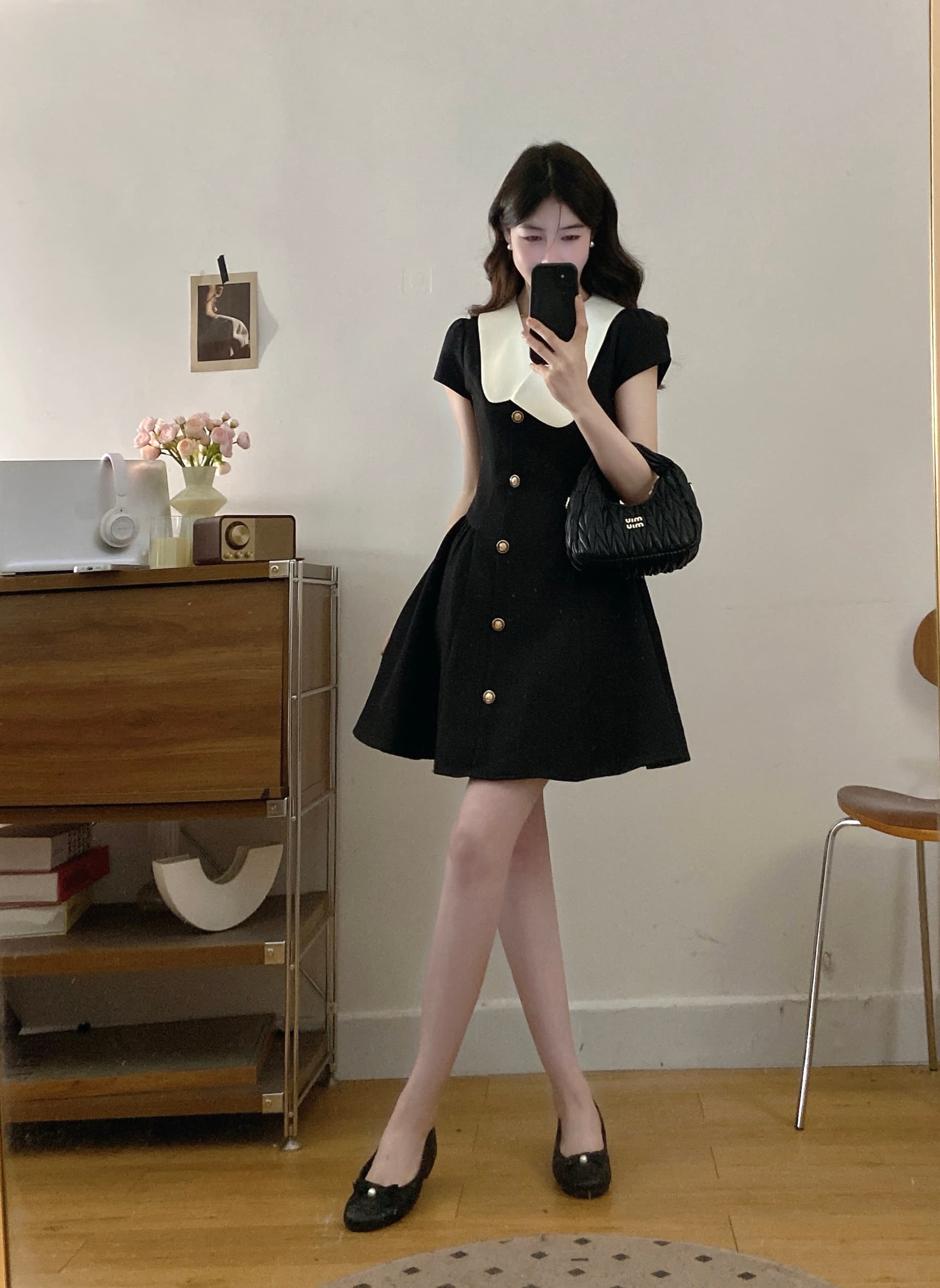 실사 빅 사이즈 여성 의류 2026 여름 새로운 프랑스식 그는 벤 바람 작은 검은 드레스 꼬집기 허리 슬림해 보이는 한 마디 드레스 상세 이미지 3