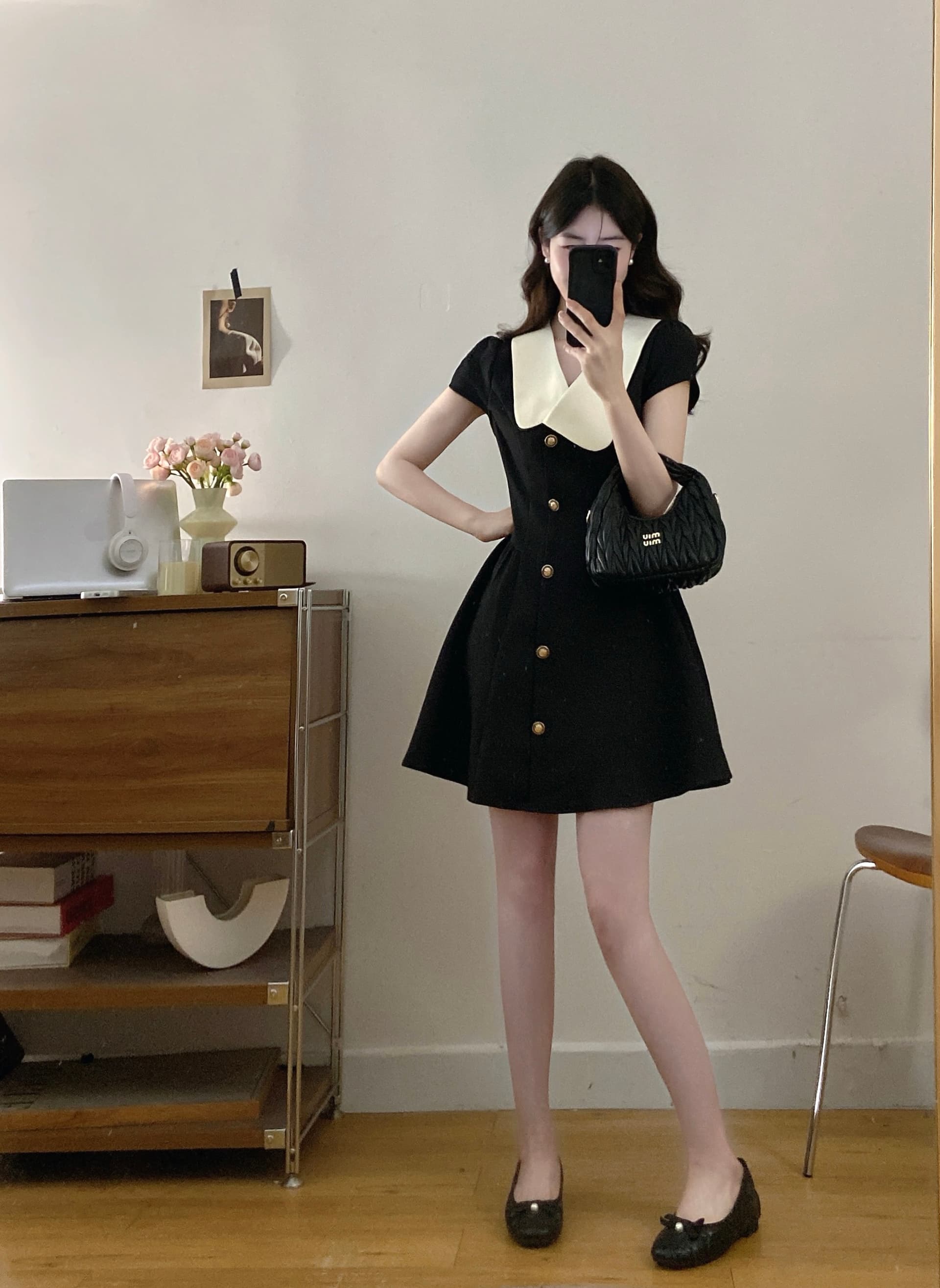 실사 빅 사이즈 여성 의류 2026 여름 새로운 프랑스식 그는 벤 바람 작은 검은 드레스 꼬집기 허리 슬림해 보이는 한 마디 드레스 상세 이미지 4