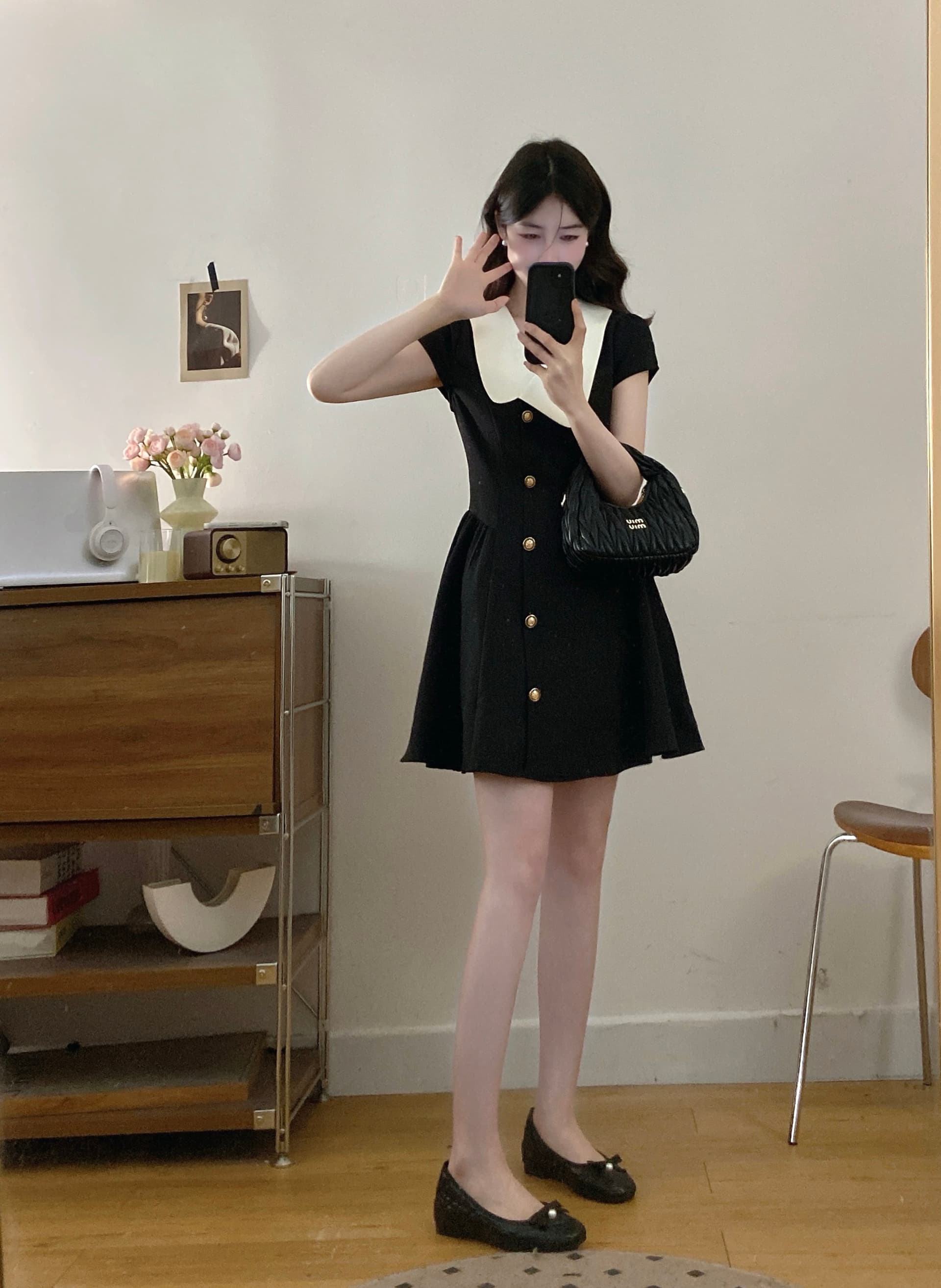실사 빅 사이즈 여성 의류 2026 여름 새로운 프랑스식 그는 벤 바람 작은 검은 드레스 꼬집기 허리 슬림해 보이는 한 마디 드레스 상세 이미지 5
