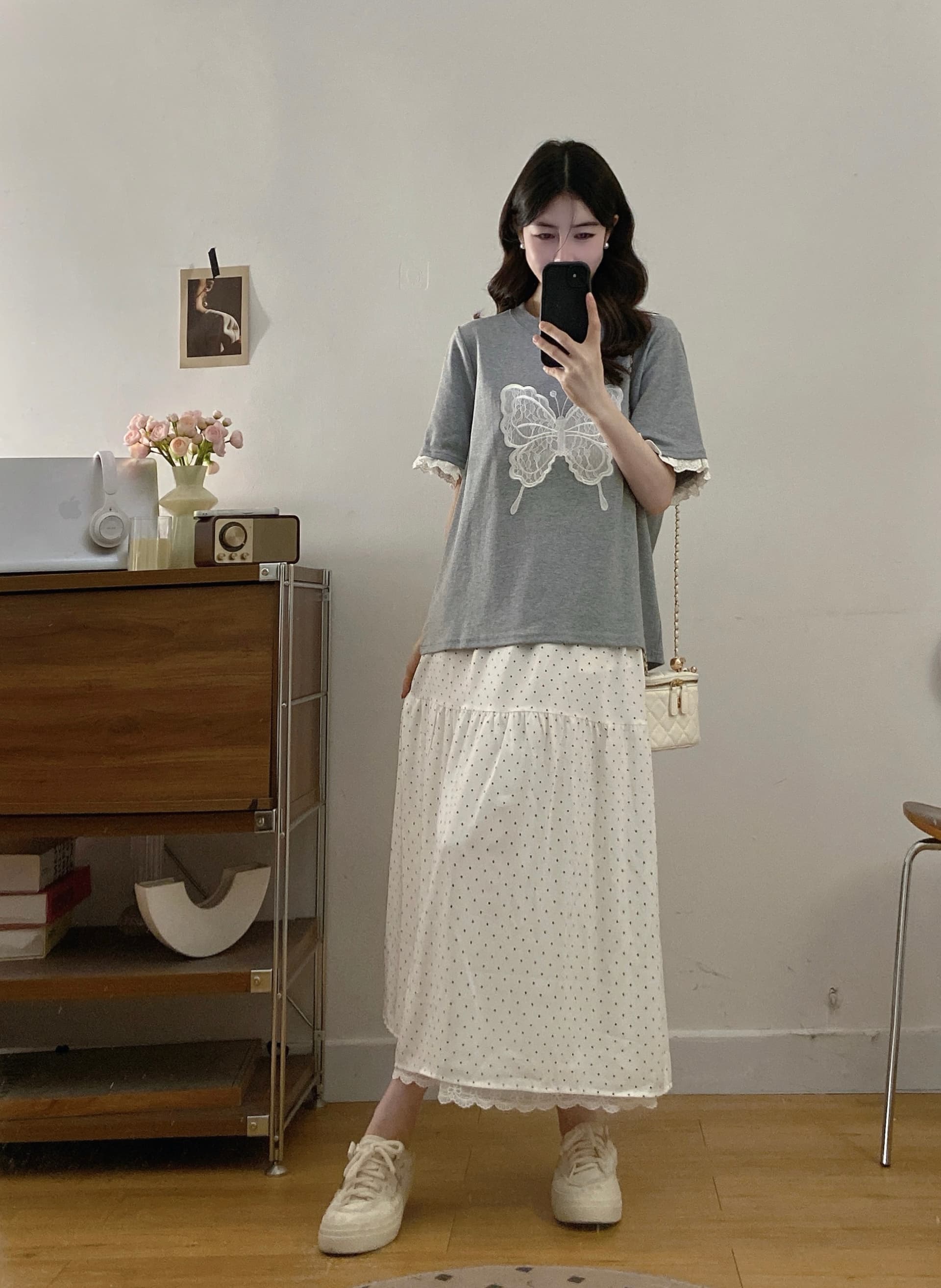 실사 빅 사이즈 여성 의류 2026 여름 새로운 나비 패치 자수 커프스 레이스 도트 무늬 반신 스커트 투피스 세트 상세 이미지 3