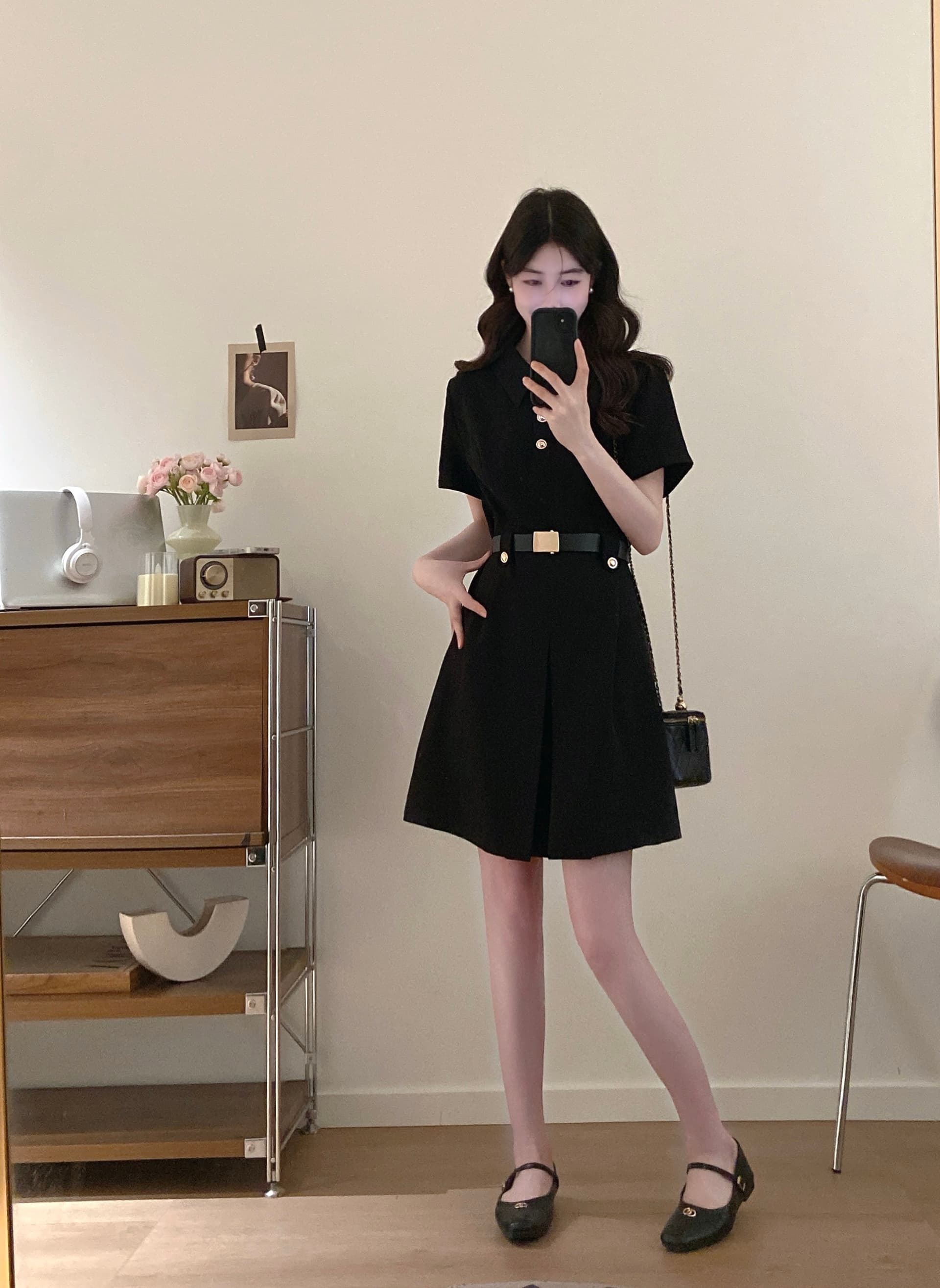 실사 빅 사이즈 여성 의류 2026 여름 새로운 품격 프랑스식 그는 벤 바람 작은 검은 드레스 폴로 칼라 허리 수축 드레스 상세 이미지 21