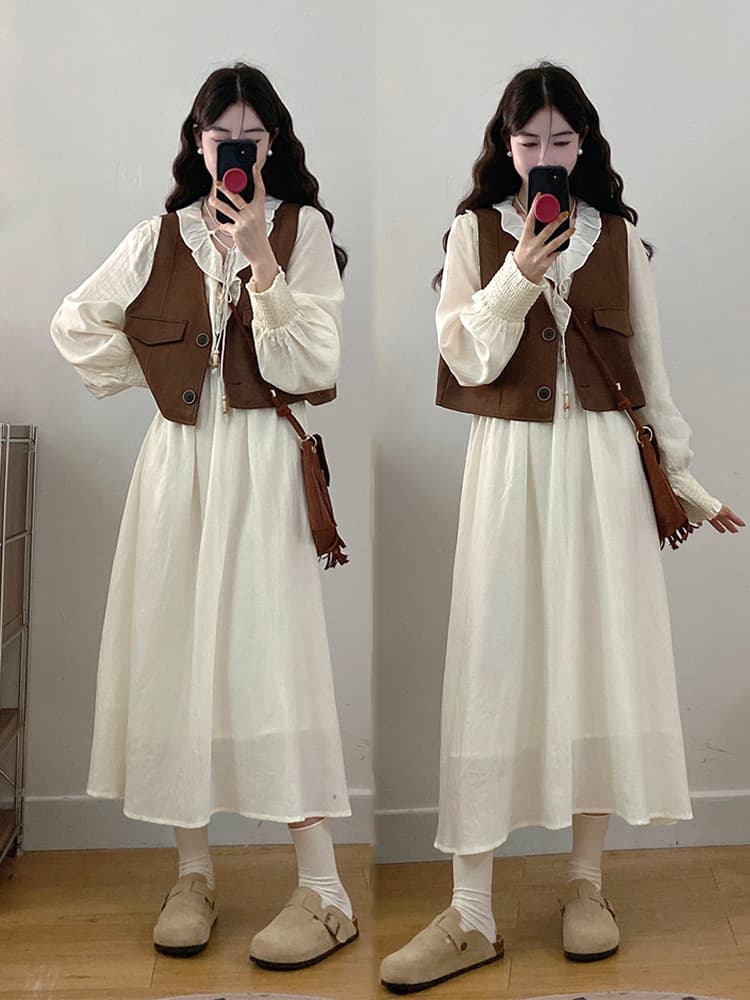 실사 빅 사이즈 여성 의류 2026 가을 새로운 프랑스식 연령 감소 품격 긴팔 드레스 베스트 투피스 세트
