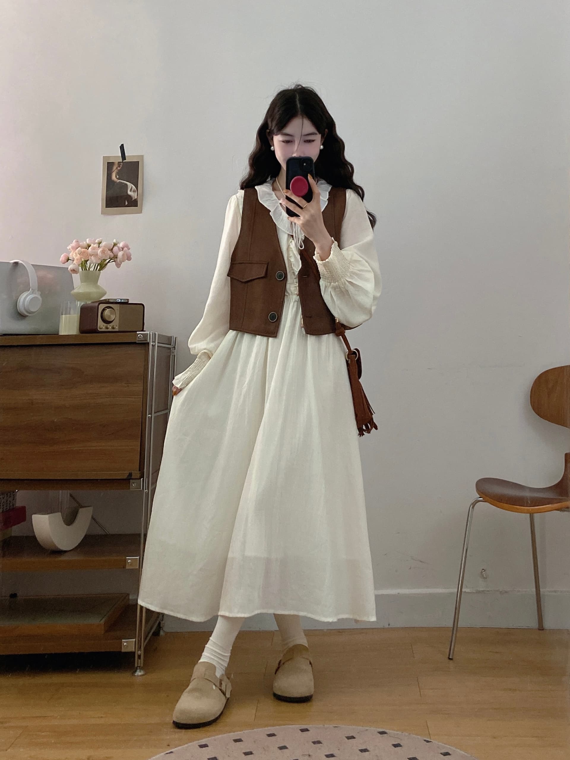 실사 빅 사이즈 여성 의류 2026 가을 새로운 프랑스식 연령 감소 품격 긴팔 드레스 베스트 투피스 세트 상세 이미지 5