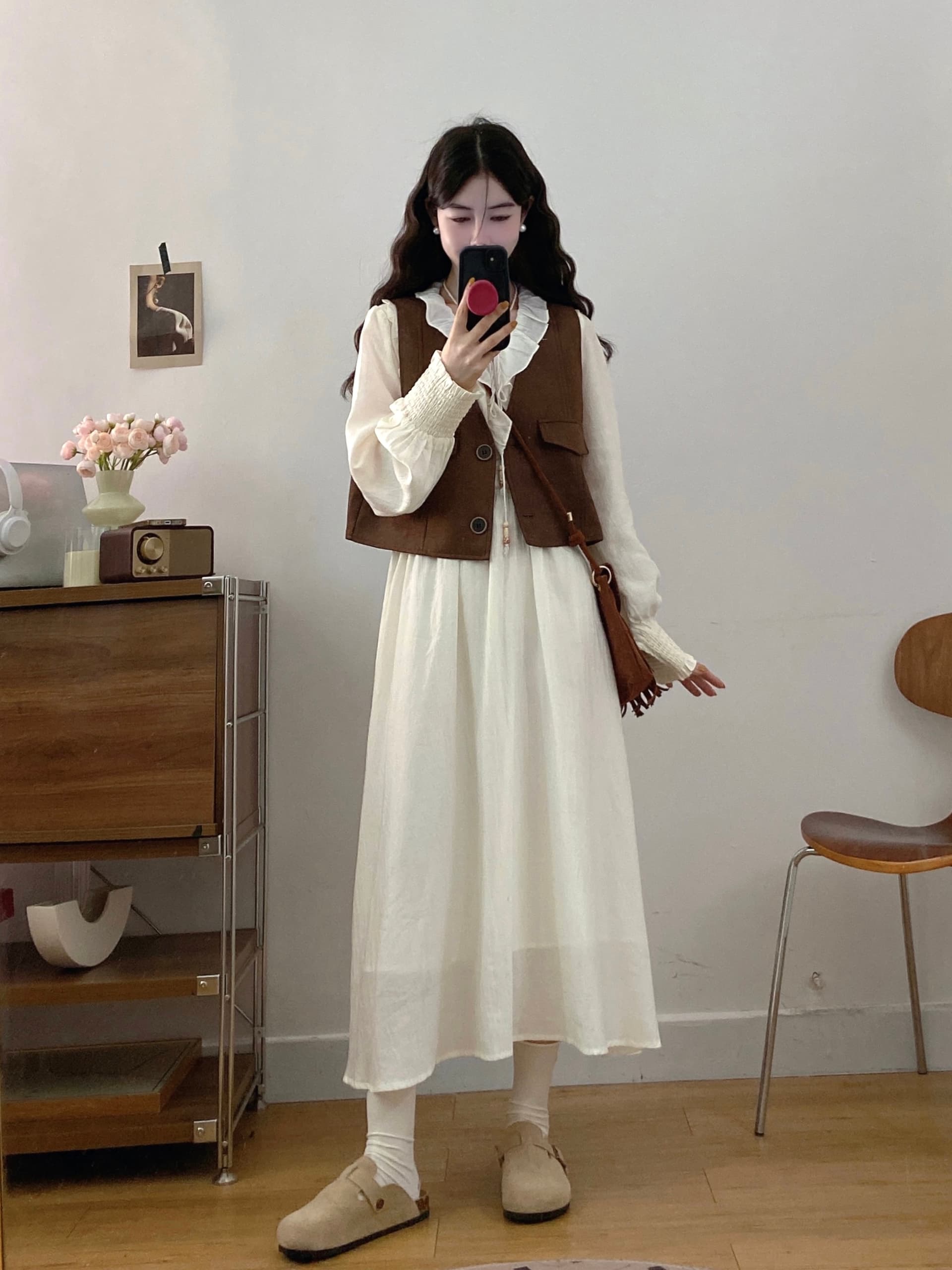실사 빅 사이즈 여성 의류 2026 가을 새로운 프랑스식 연령 감소 품격 긴팔 드레스 베스트 투피스 세트 상세 이미지 9