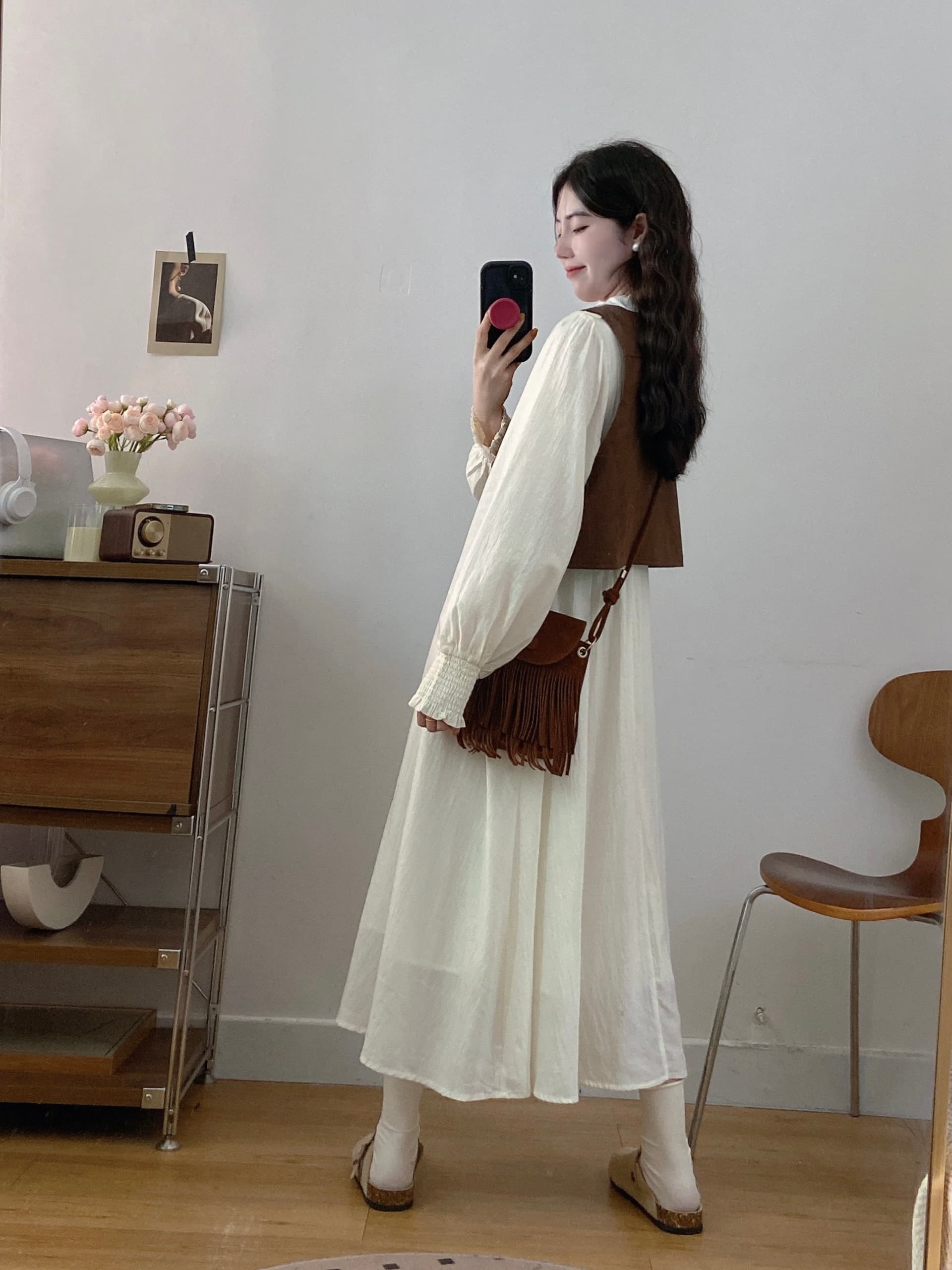 실사 빅 사이즈 여성 의류 2026 가을 새로운 프랑스식 연령 감소 품격 긴팔 드레스 베스트 투피스 세트 상세 이미지 13