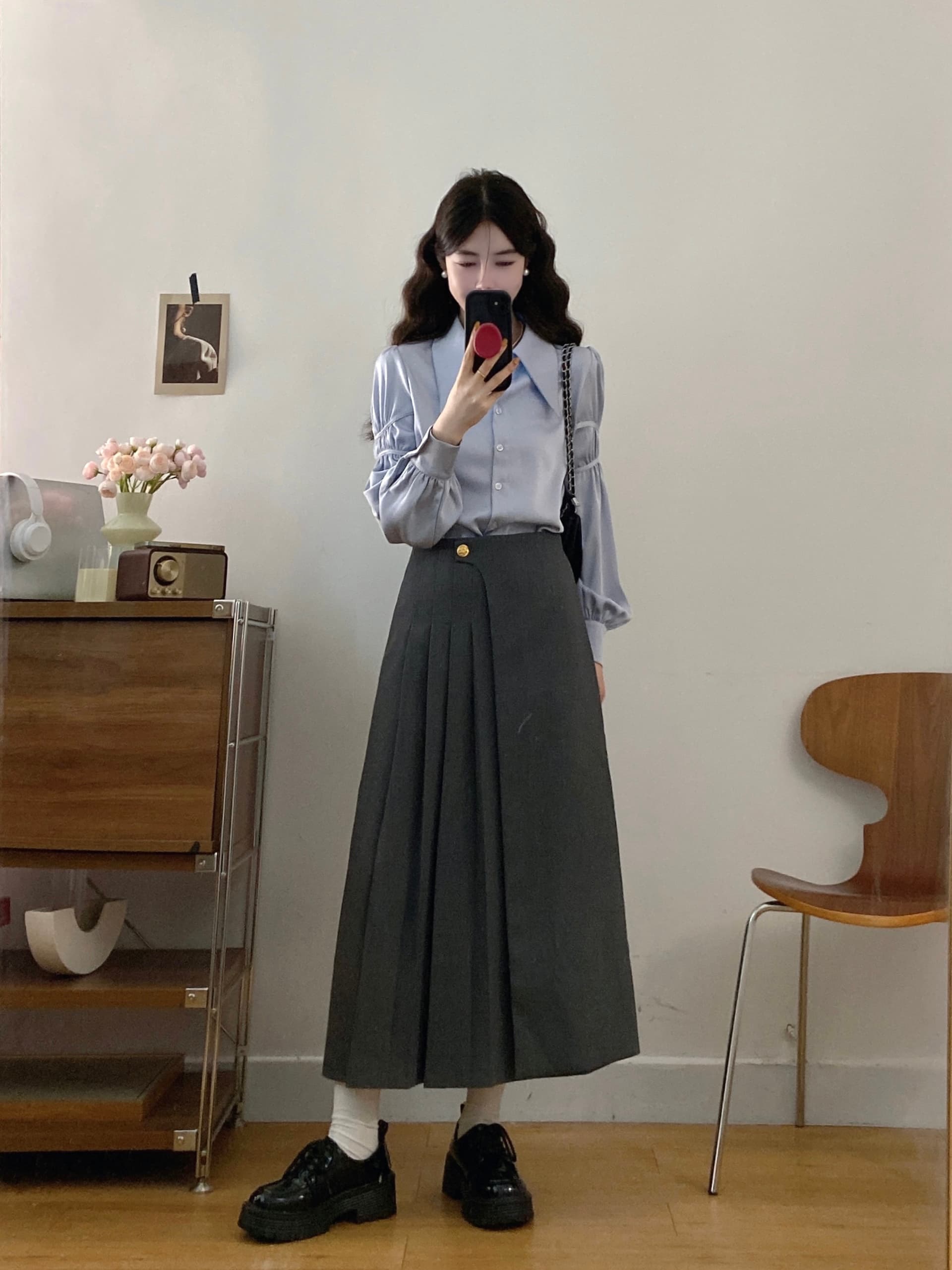 실사 빅 사이즈 여성 의류 2026 가을 새로운 한 부서 미니멀리즘 출퇴근 다용도 셔츠 하이웨이스트 반신 스커트 투피스 세트 이미지 3