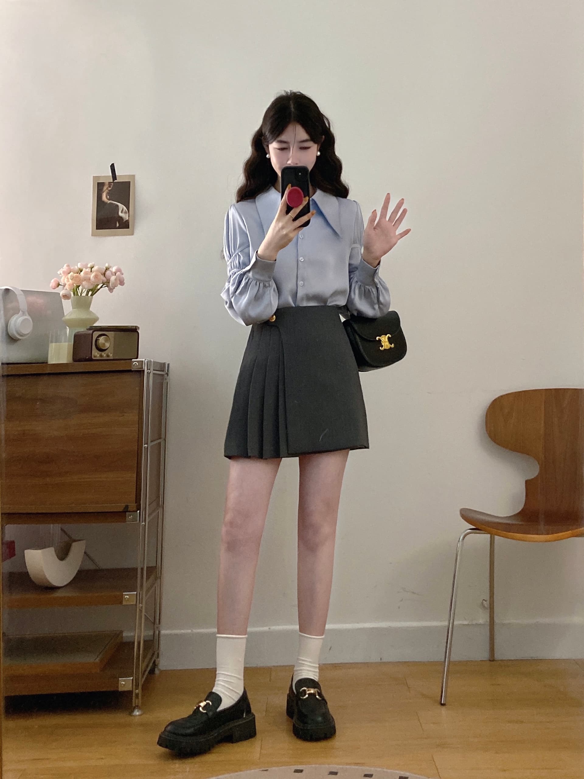실사 빅 사이즈 여성 의류 2026 가을 새로운 한 부서 미니멀리즘 출퇴근 다용도 셔츠 하이웨이스트 반신 스커트 투피스 세트 상세 이미지 22