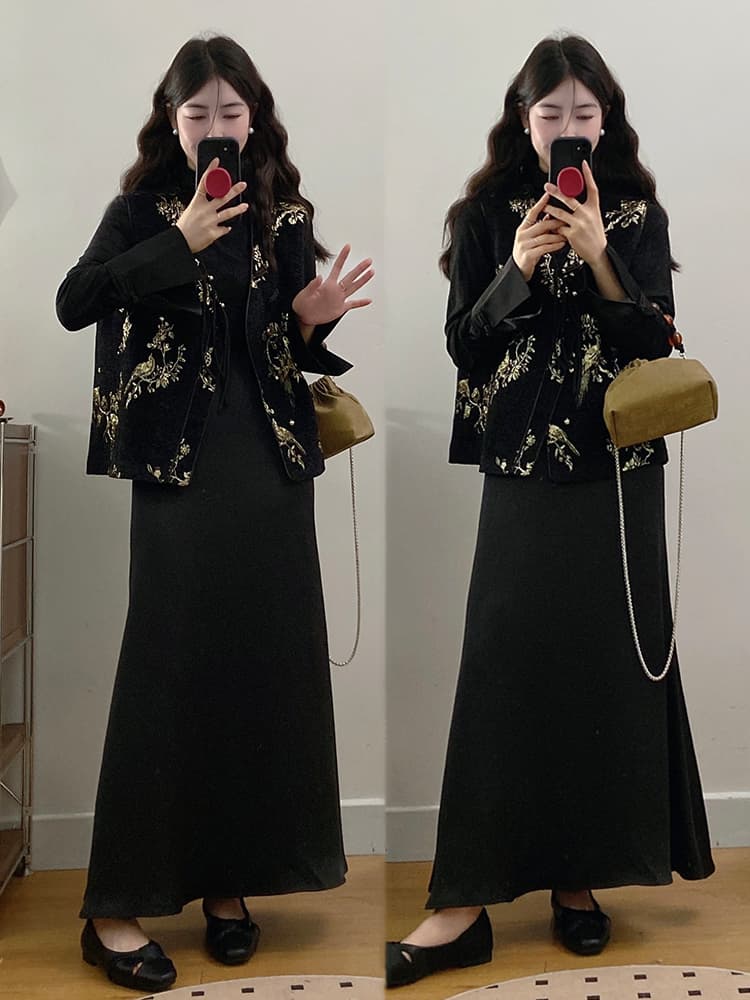 실사 빅 사이즈 여성 의류 2026 가을 새로운 새로운 중식 국풍 단추 베스트 반신 스커트 3종 세트
