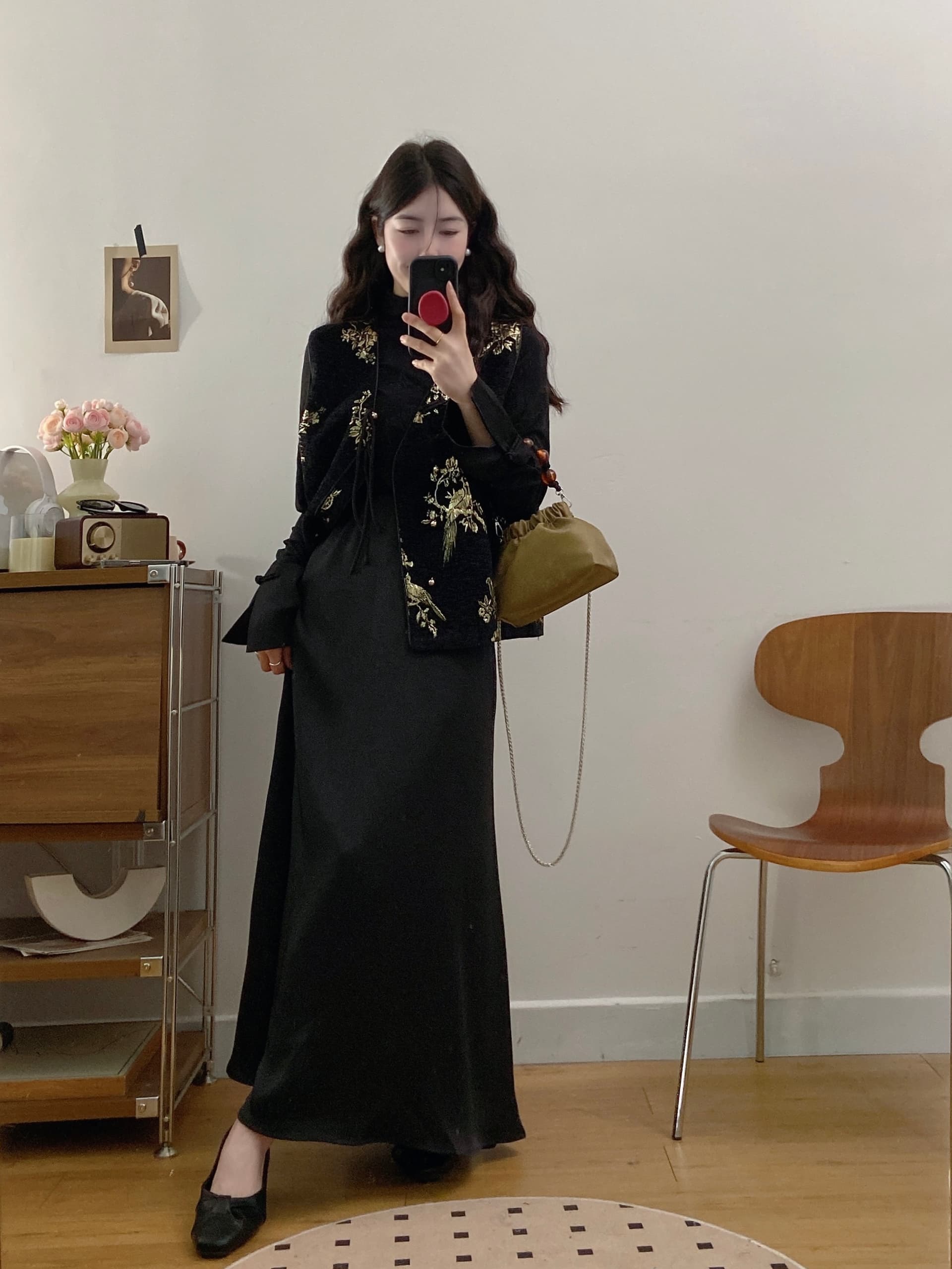 실사 빅 사이즈 여성 의류 2026 가을 새로운 새로운 중식 국풍 단추 베스트 반신 스커트 3종 세트 상세 이미지 8