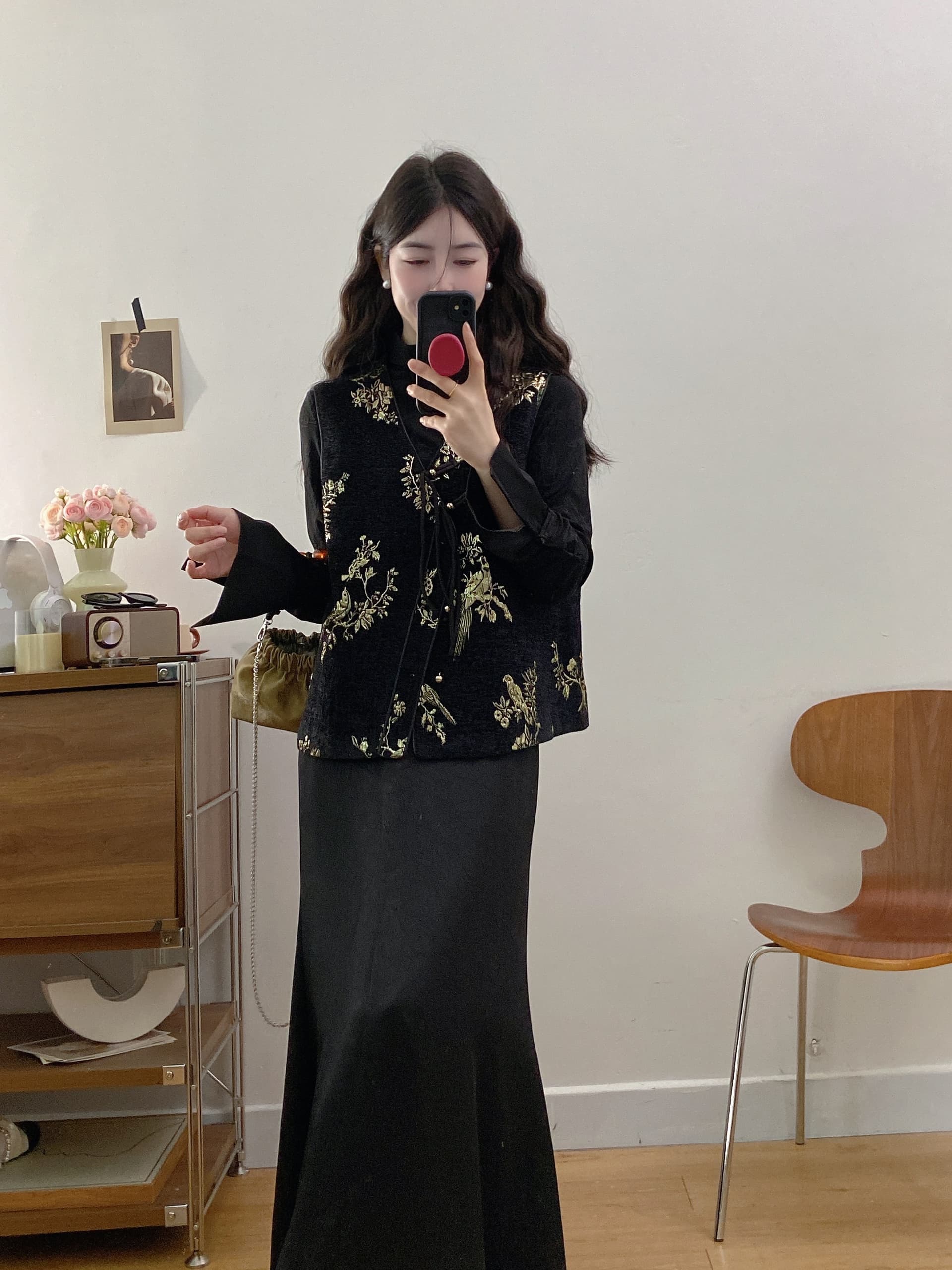 실사 빅 사이즈 여성 의류 2026 가을 새로운 새로운 중식 국풍 단추 베스트 반신 스커트 3종 세트 상세 이미지 12